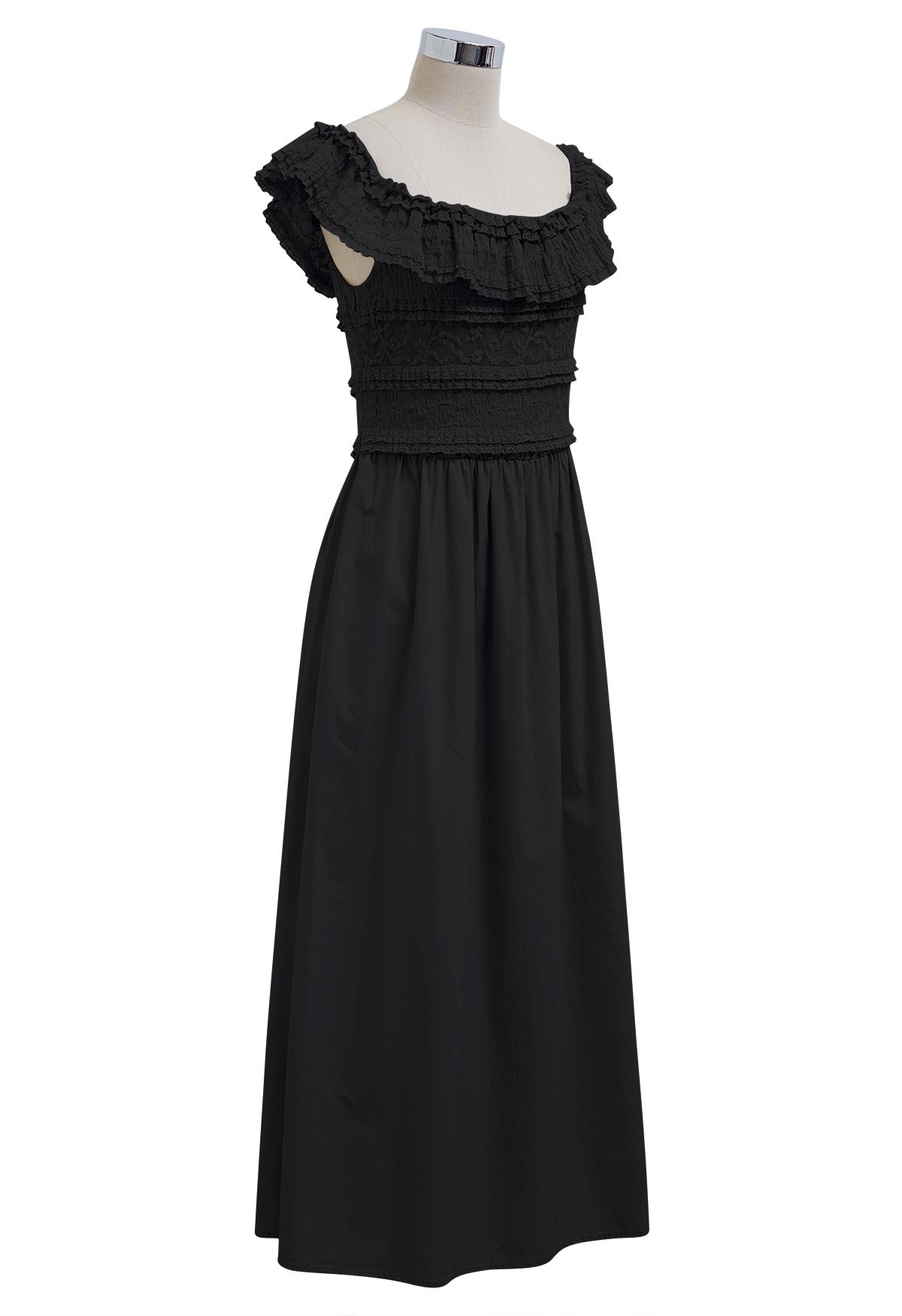 Tiered Lace Off-Shoulder Spliced Dress in Black