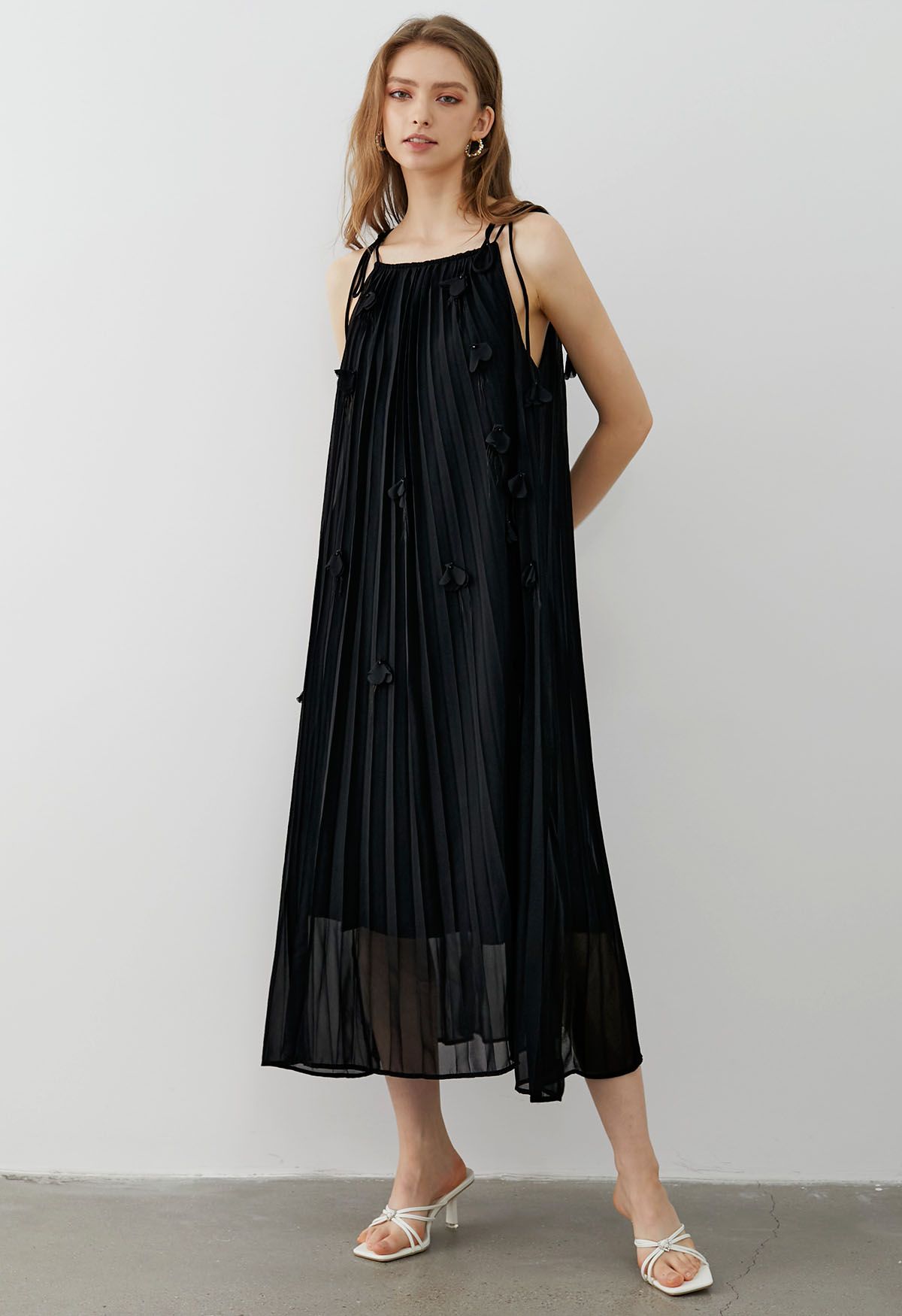 3D Floral Tie-Shoulder Chiffon Pleated Dress in Black