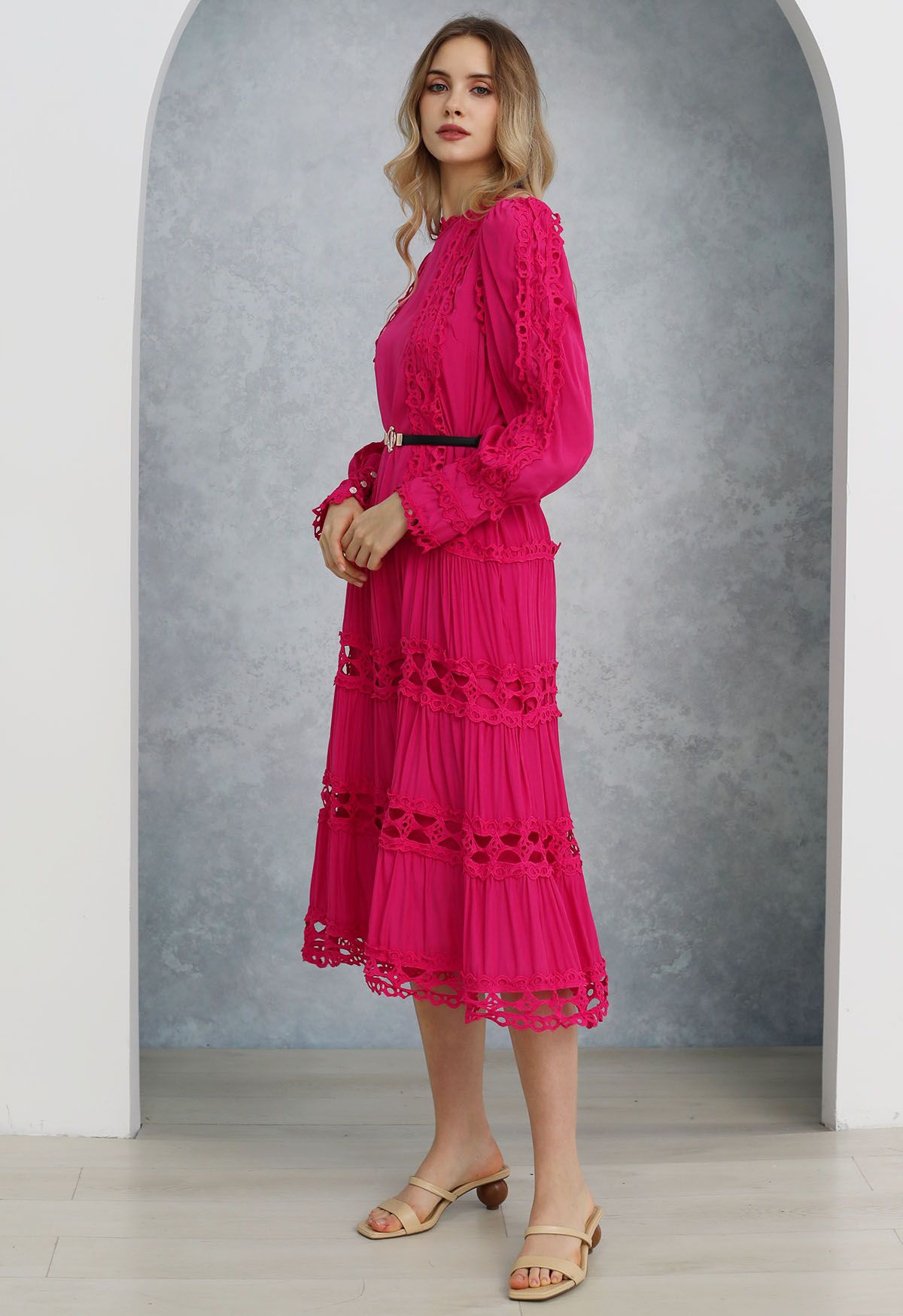 Belted Cutwork Lace Trim Bubble Sleeve Midi Dress in Magenta