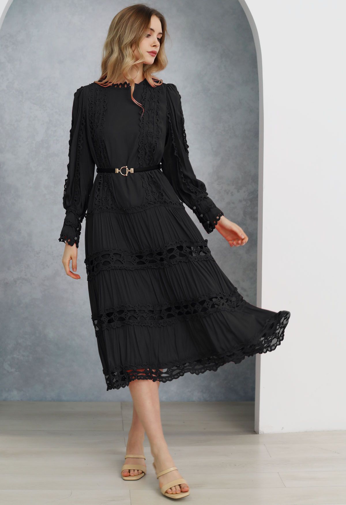 Belted Cutwork Lace Trim Bubble Sleeve Midi Dress in Black