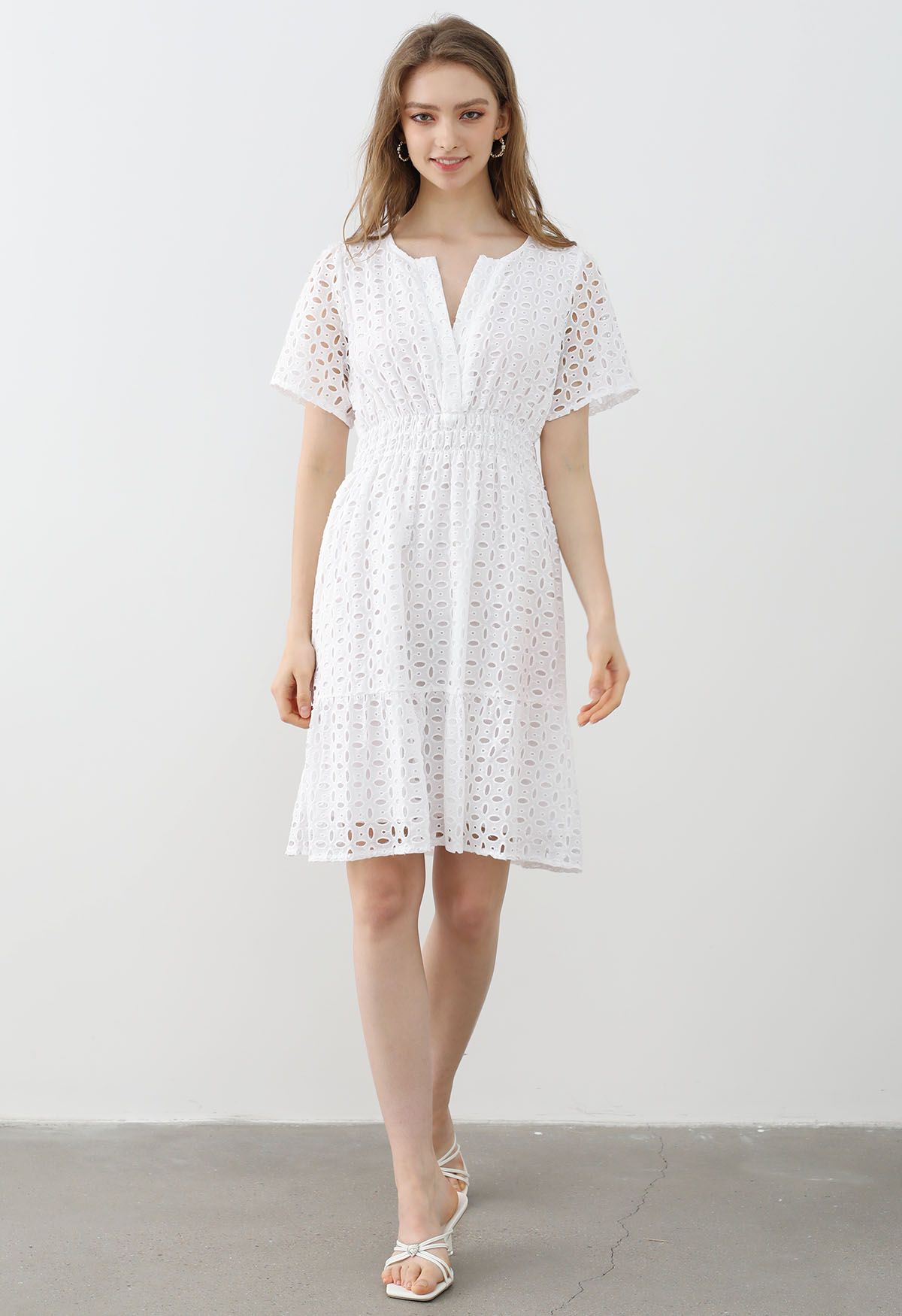 Eyelet Embroidery V-Neck Cotton Dress in White