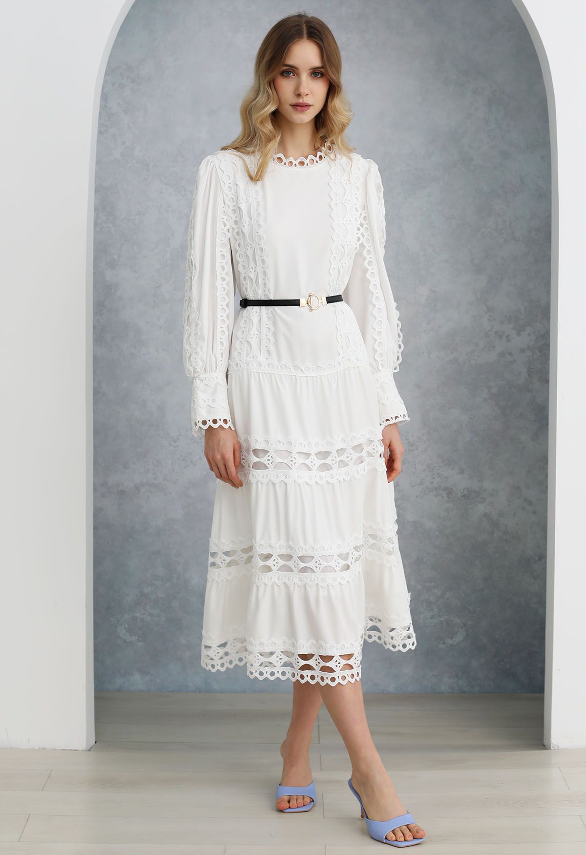 Belted Cutwork Lace Trim Bubble Sleeve Midi Dress in White