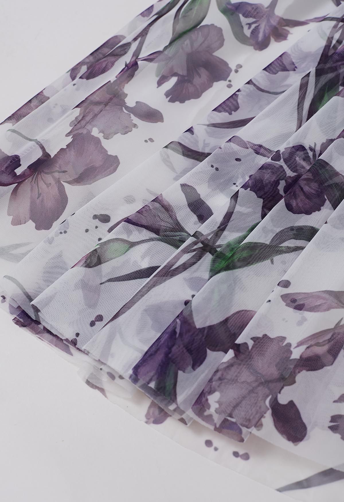 Purple Floral Printed Mesh Tulle Midi Skirt