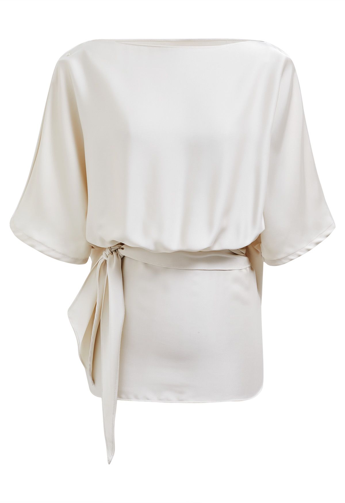 Boat Neck Tie-Waist Satin Top in Ivory