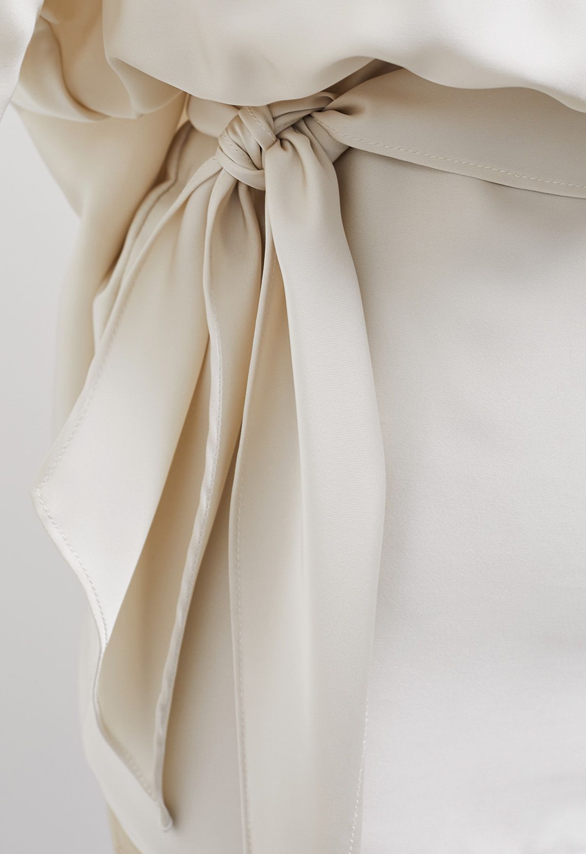 Boat Neck Tie-Waist Satin Top in Ivory