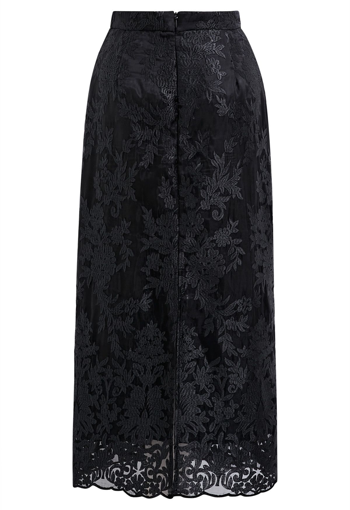 Embroidered Floral Slit Back Midi Skirt in Black