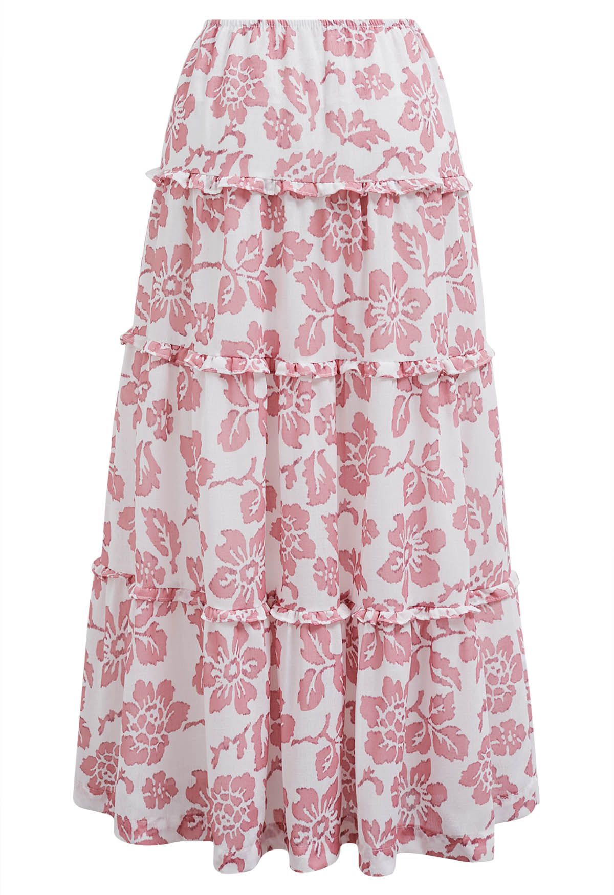 Sunny Blooms Ruffle Trim A-Line Skirt in Pink