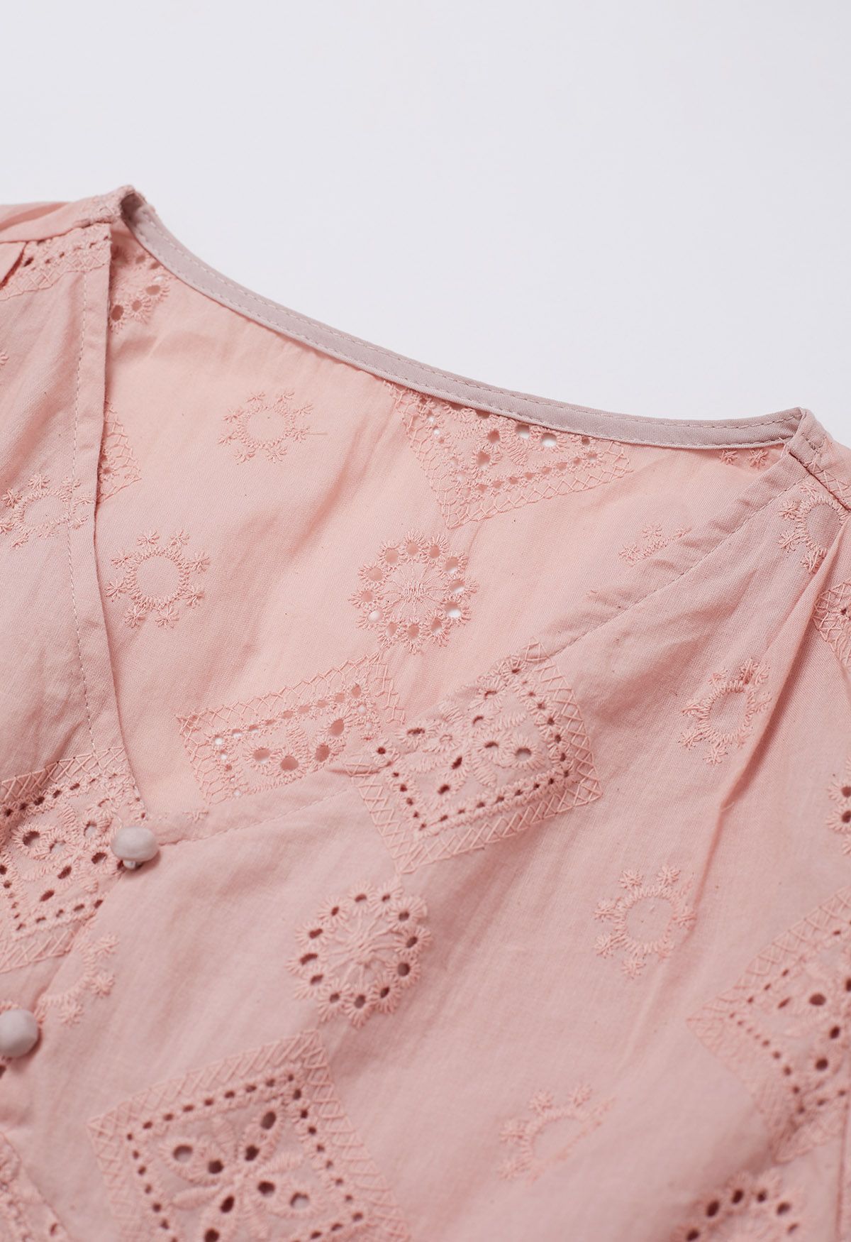 V-Neck Button Trim Eyelet Crop Top in Pink