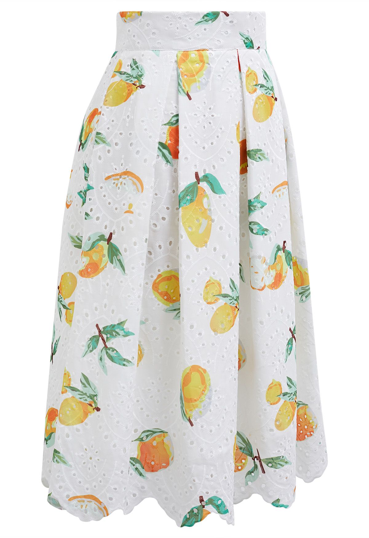 Lemon Printed Eyelet Embroidered Scallop Edge Pleated Skirt