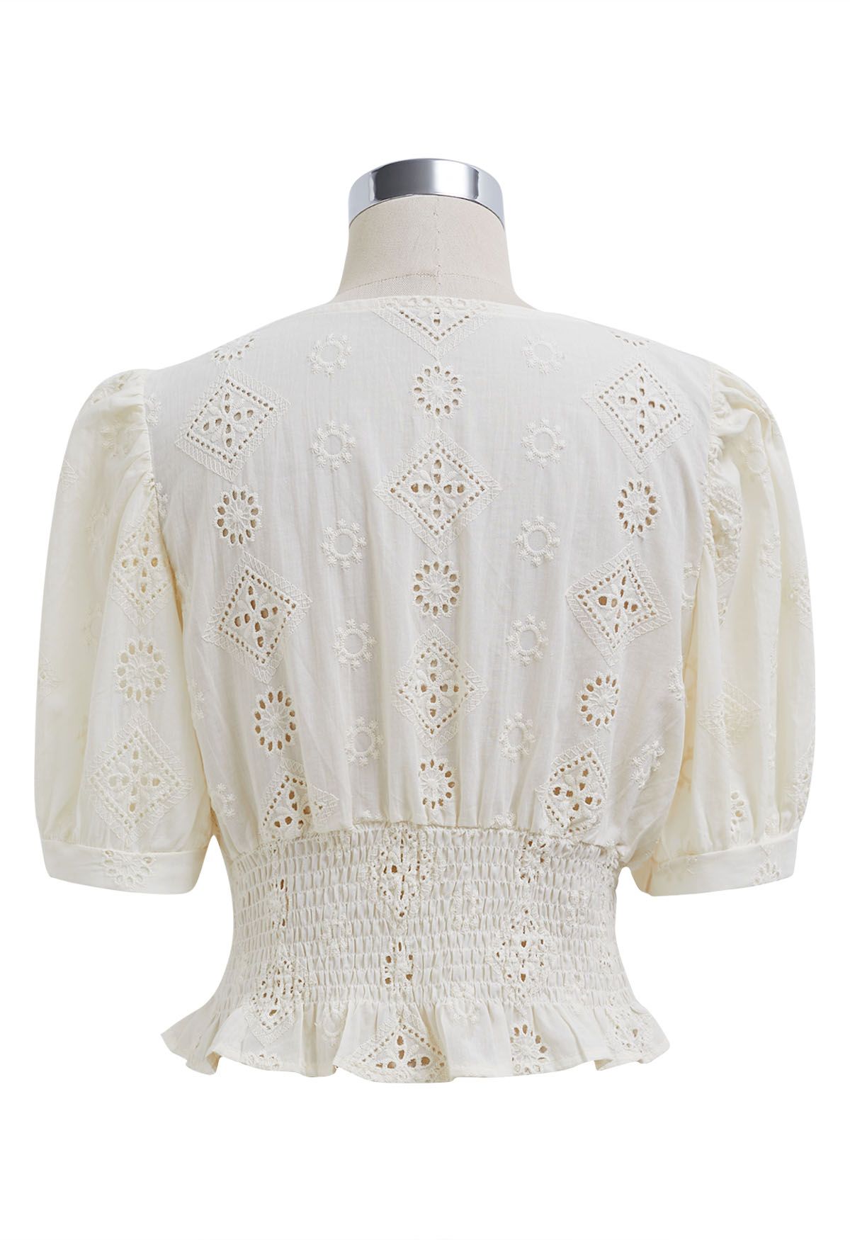 V-Neck Button Trim Eyelet Crop Top in Cream