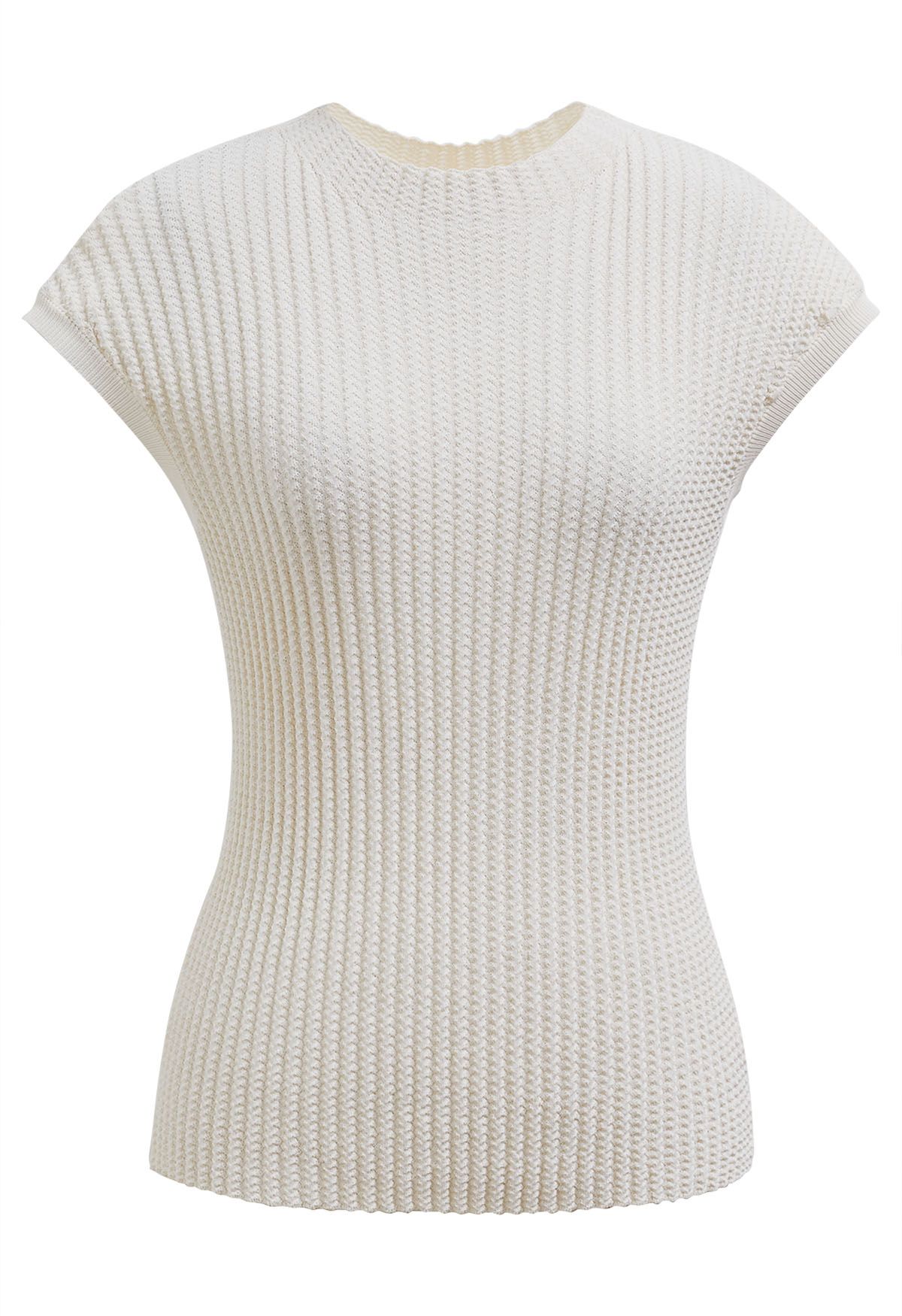 Ribbed Texture Cap Sleeves Top in Cream