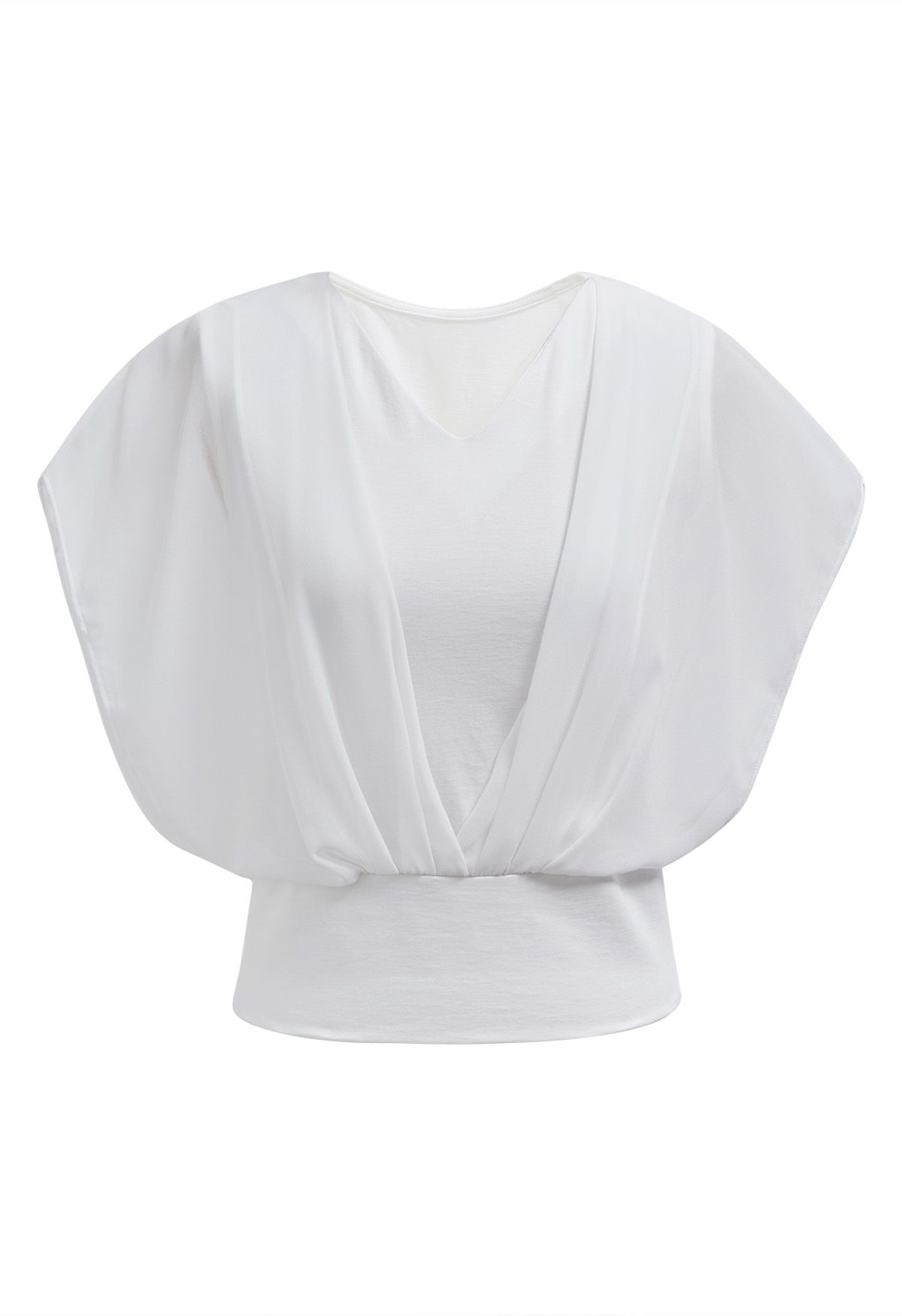 Flowy Chiffon Spliced V-Neck Crop Top in White