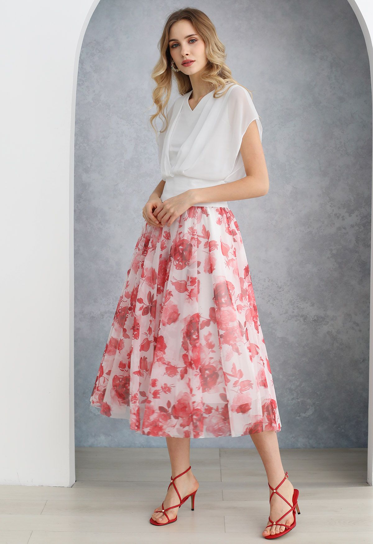 Flourishing Red Floral Mesh Tulle Midi Skirt