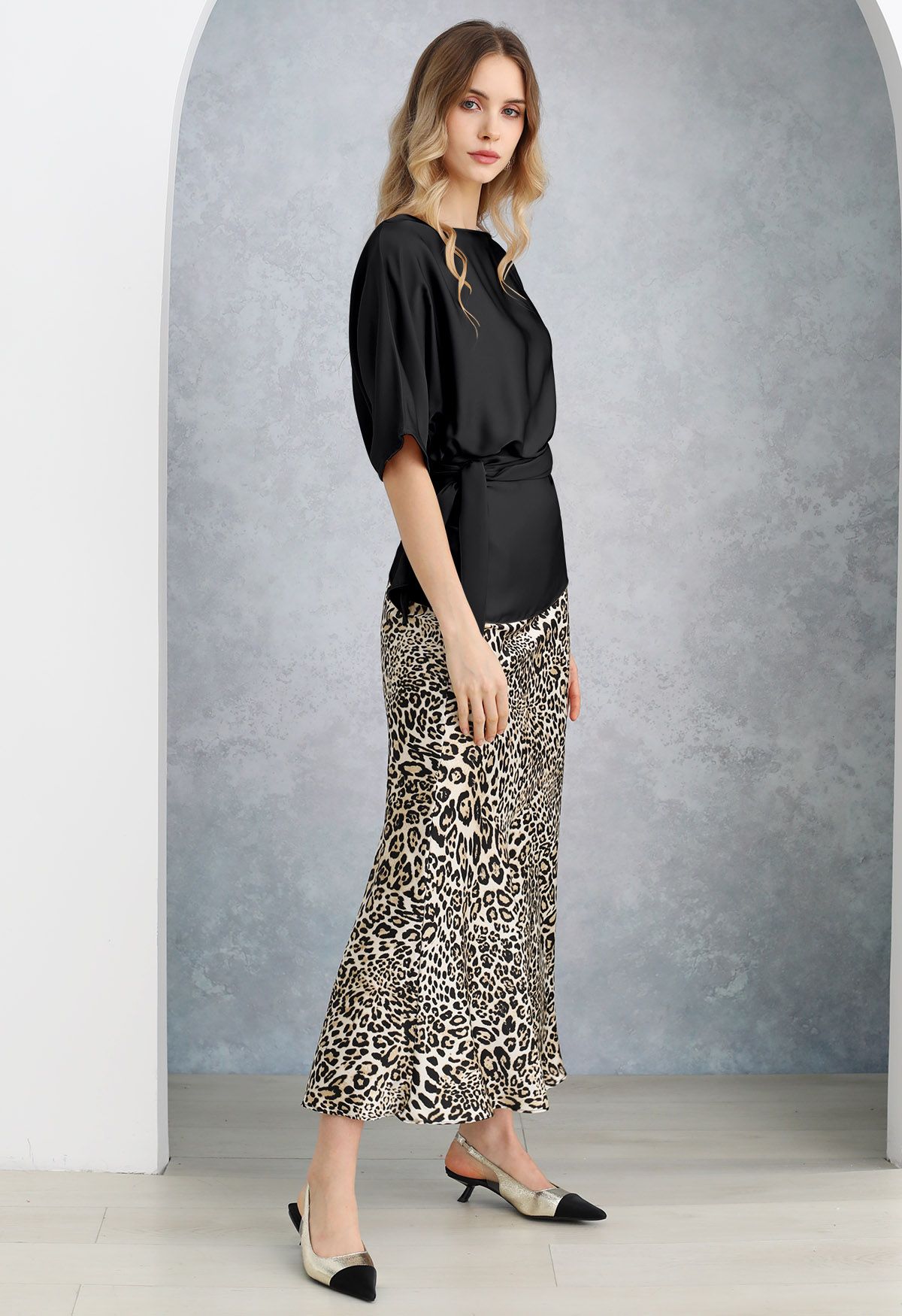 Satin Finish Mermaid Maxi Skirt in Leopard