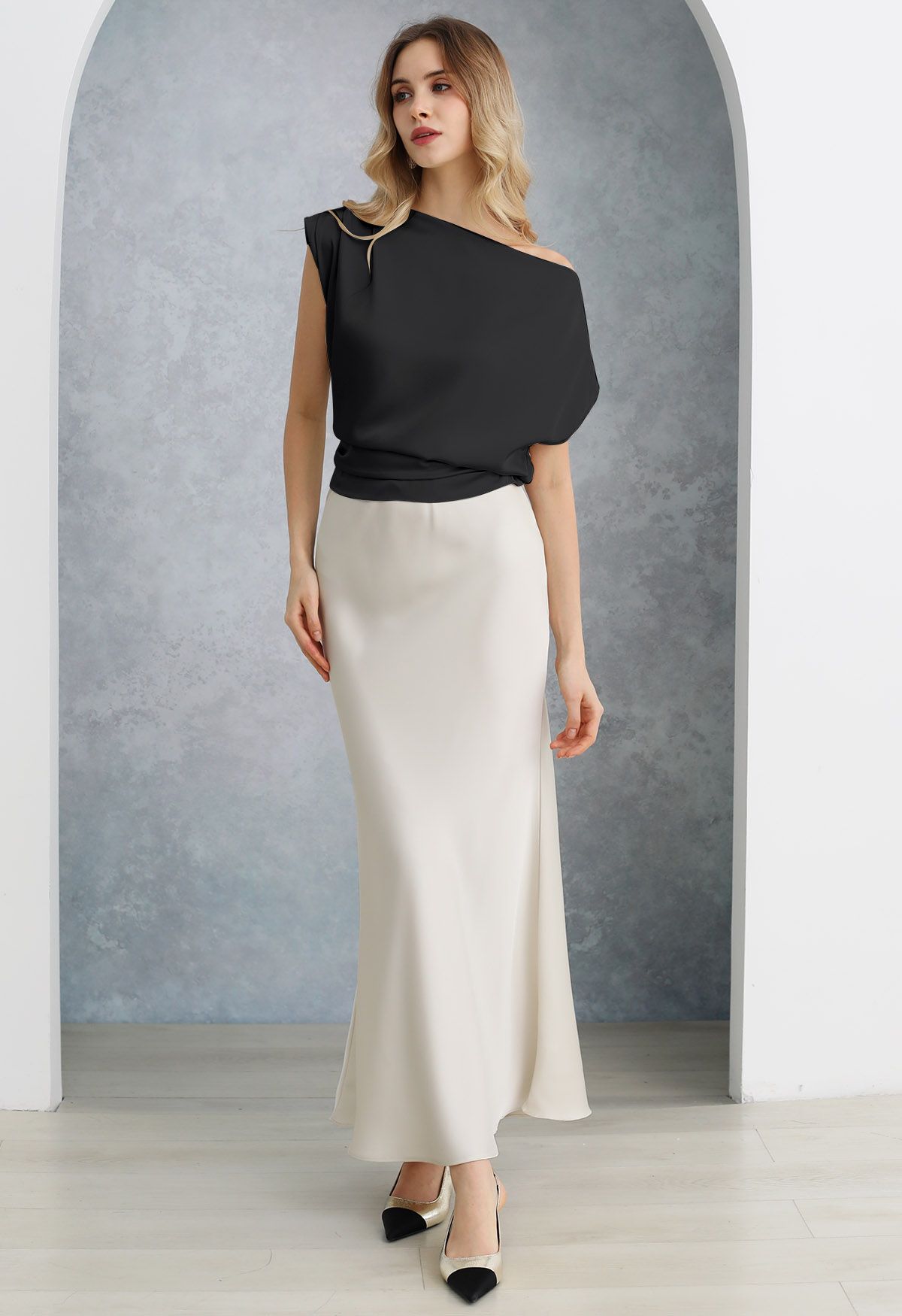 One-Shoulder Shirred Back Satin Top in Black