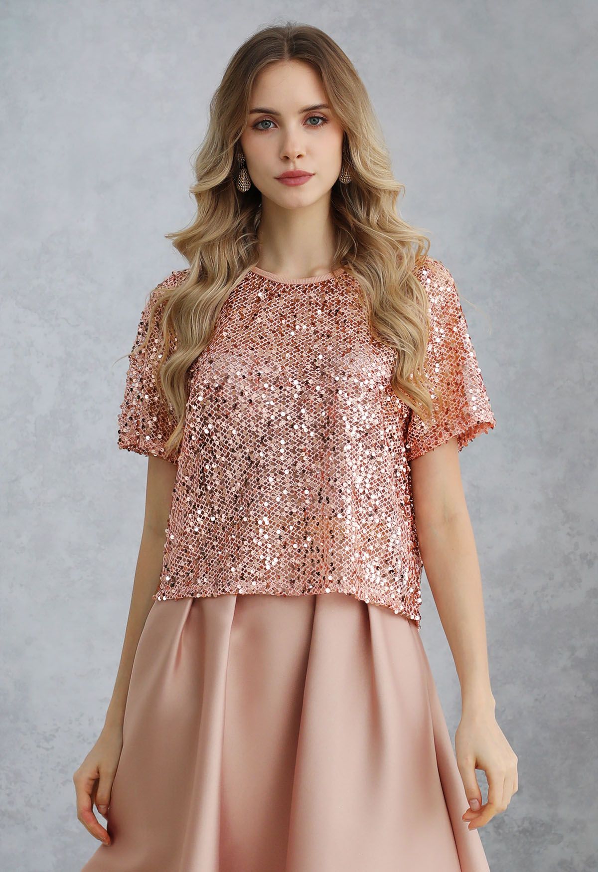 Dazzling Sequin Fishnet Short Sleeve Top in Pink