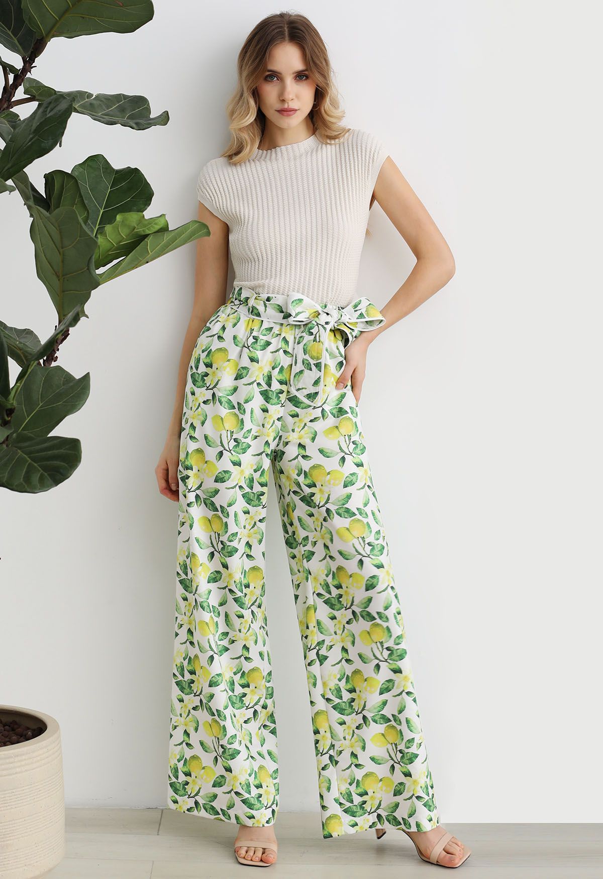 Fresh Lemon Printed Wide-Leg Pants