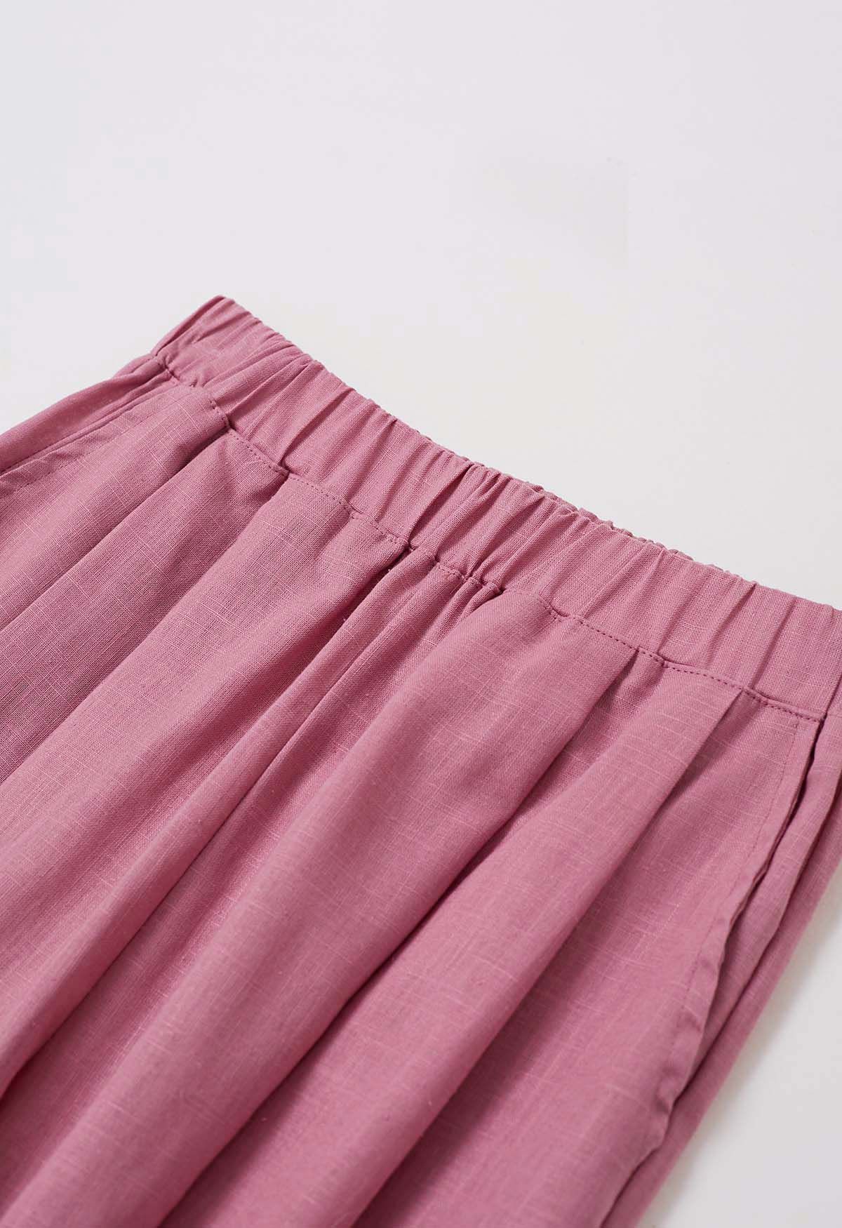 Side Pocket Wide-Leg Linen-Blend Pants in Pink