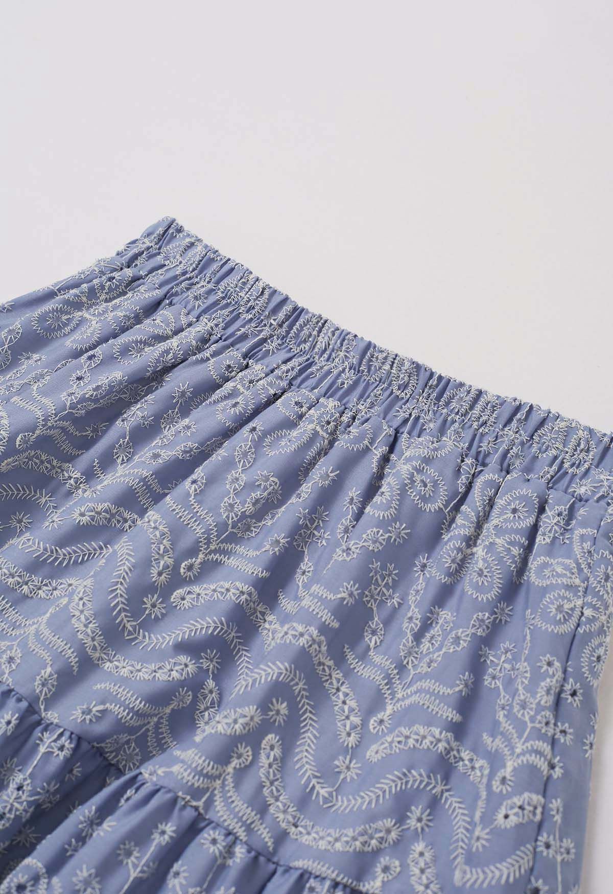 Chic Blue Embroidered Floral Midi Skirt