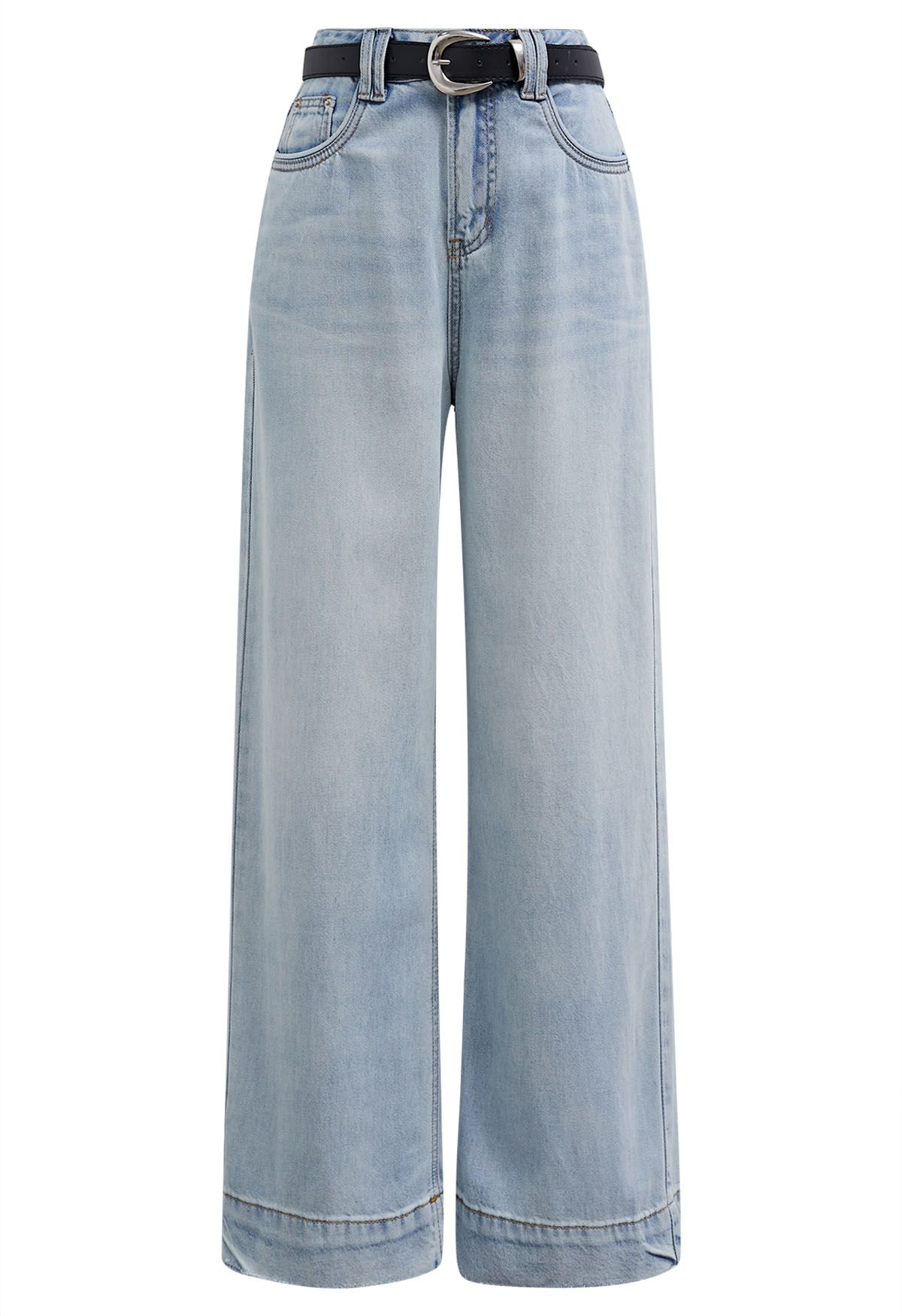 Light Blue Straight-Leg Belted Jeans 