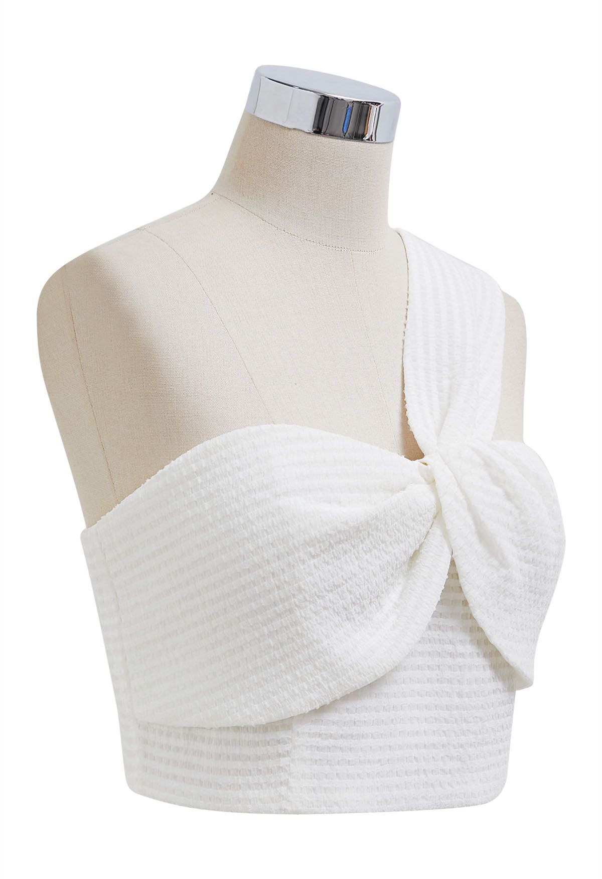 One-Shoulder Knotted Front Embossed Crop Top in White