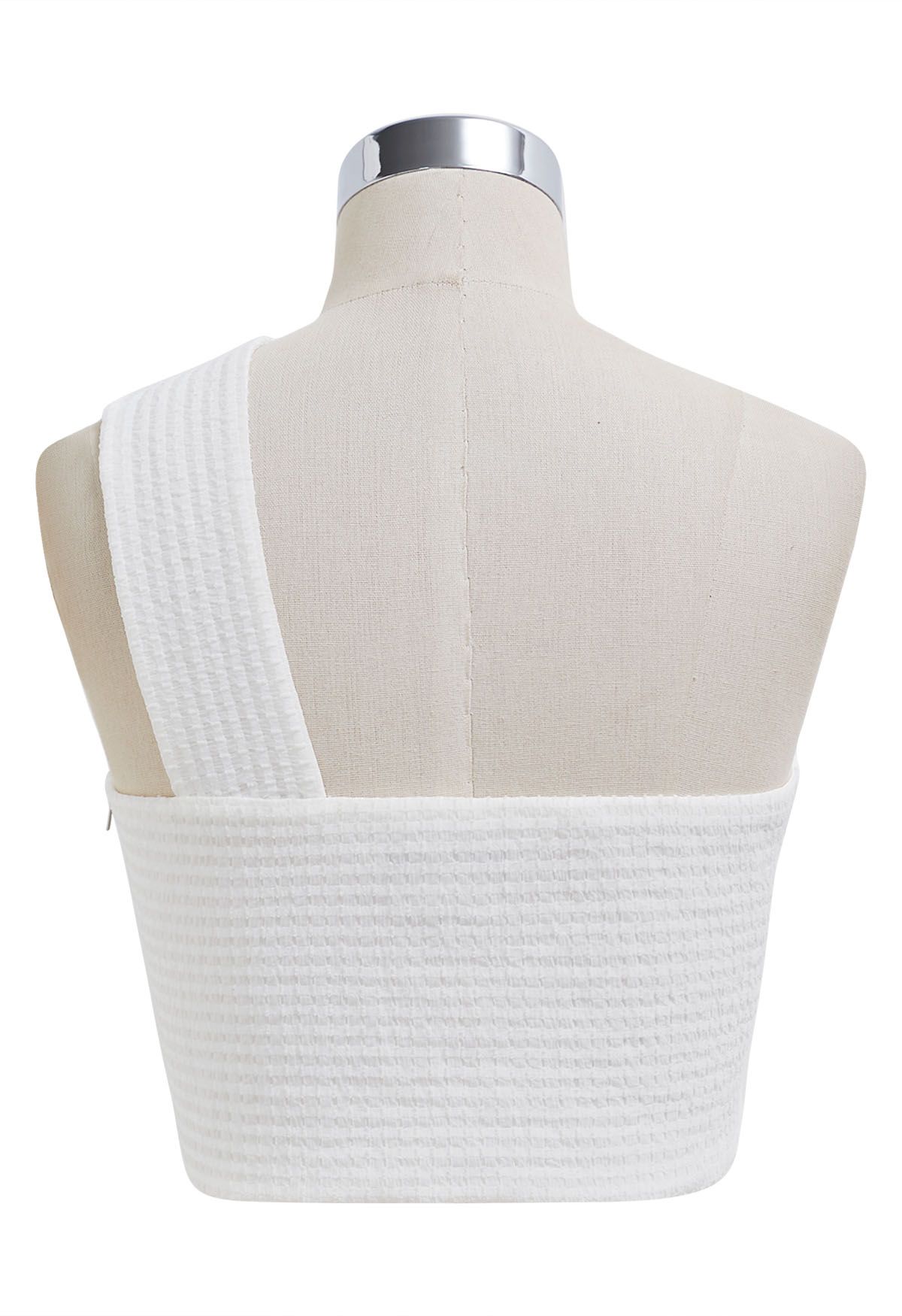 One-Shoulder Knotted Front Embossed Crop Top in White