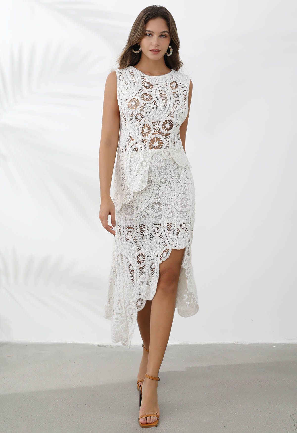 Paisley Cutwork Lace Asymmetric Hemline Skirt