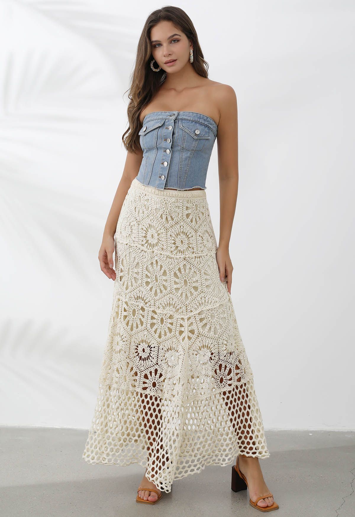 Bohemian Cutwork Crochet Maxi Skirt in Sand