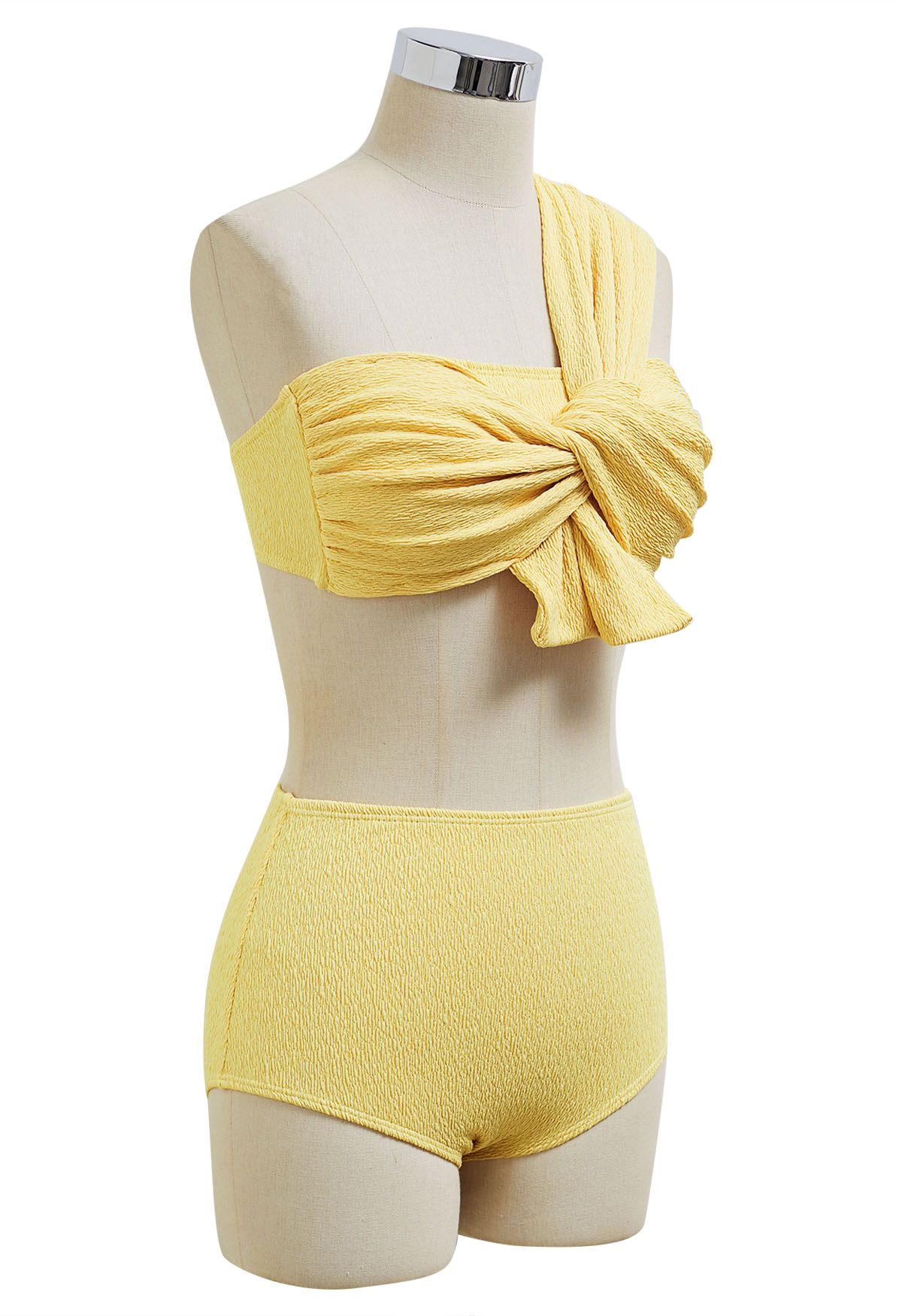 One-Shoulder Knotted Texture Bikini Set in Yellow