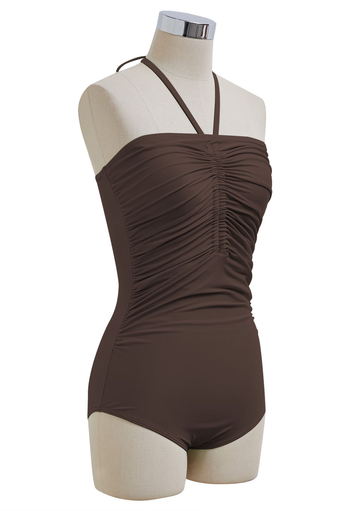 Solid Color Drawstring Halter Neck Swimsuit in Brown