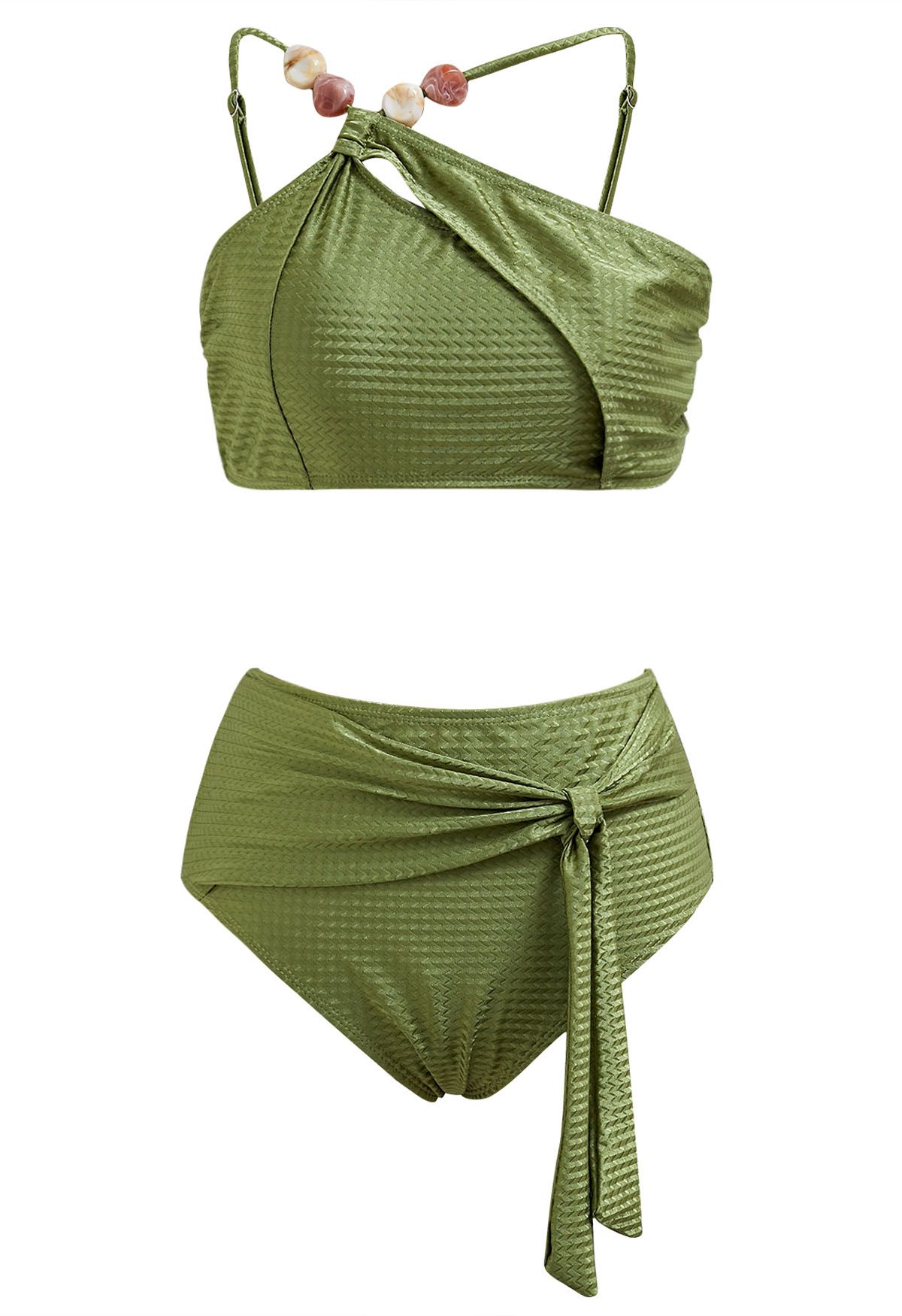 Resin Bead Asymmetric Straps Bowknot Bikini Set in Army Green