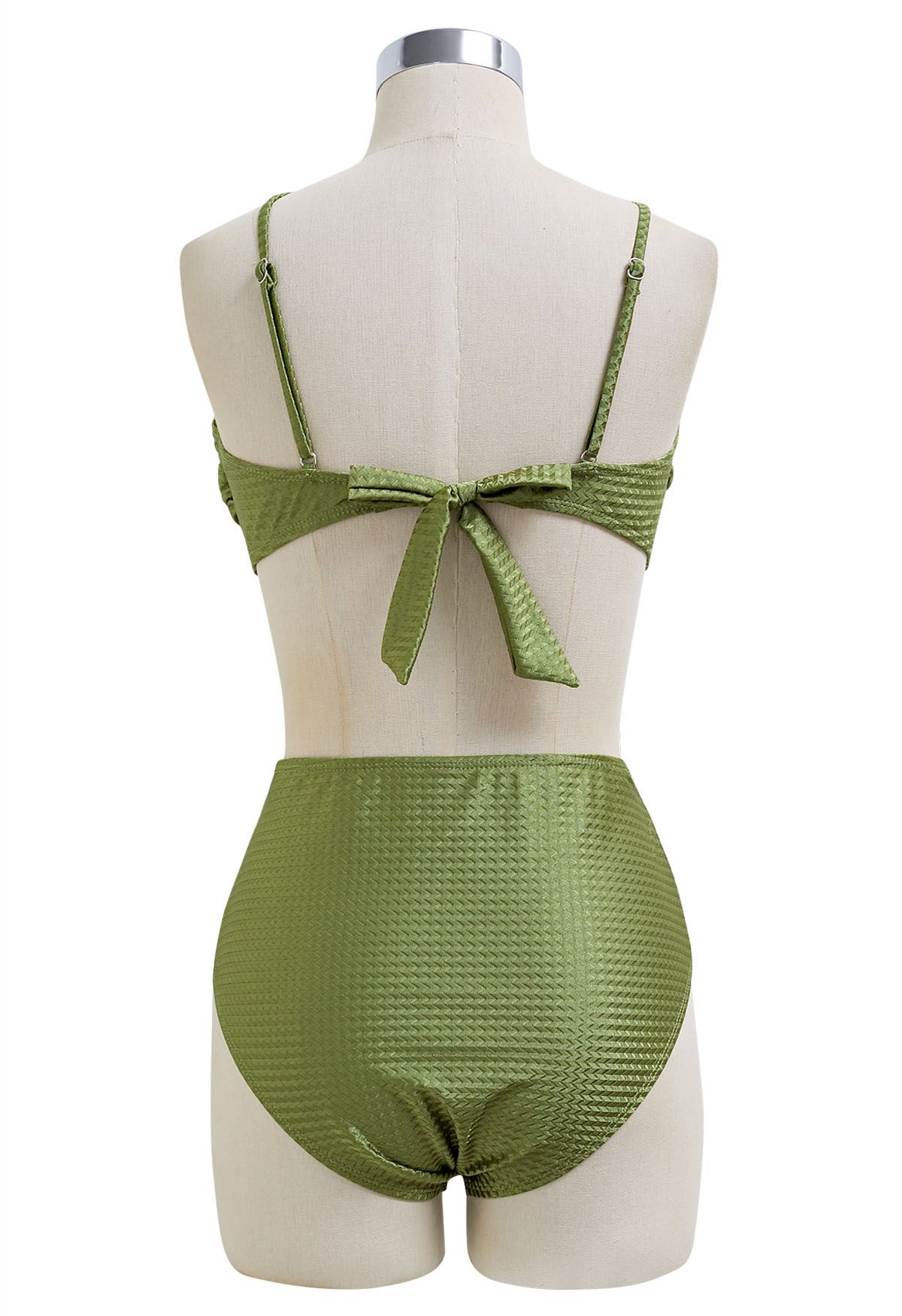 Resin Bead Asymmetric Straps Bowknot Bikini Set in Army Green