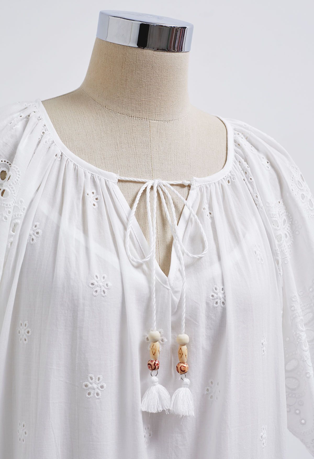 V-Neck Floral Embroidery Eyelet Dolly Dress in White