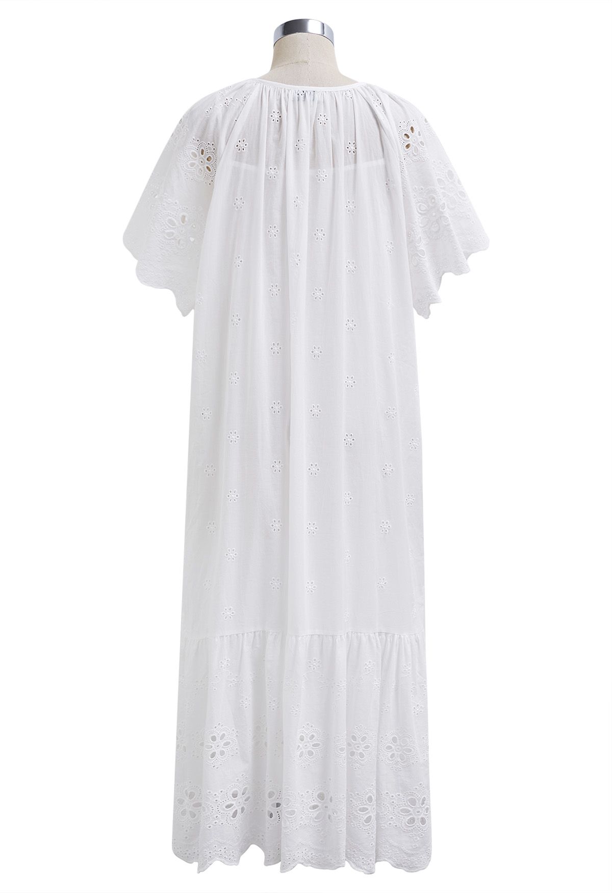 V-Neck Floral Embroidery Eyelet Dolly Dress in White