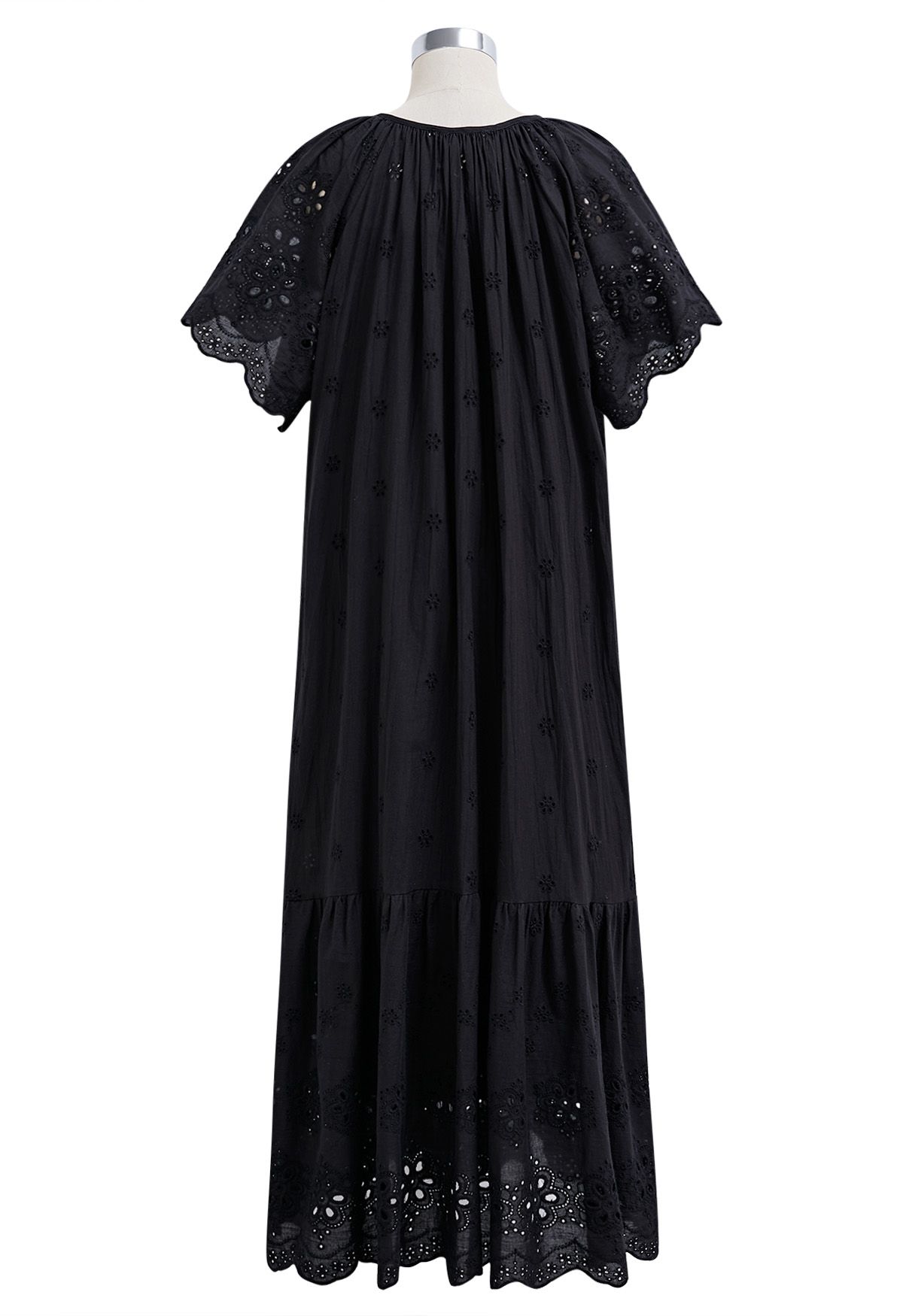 V-Neck Floral Embroidery Eyelet Dolly Dress in Black