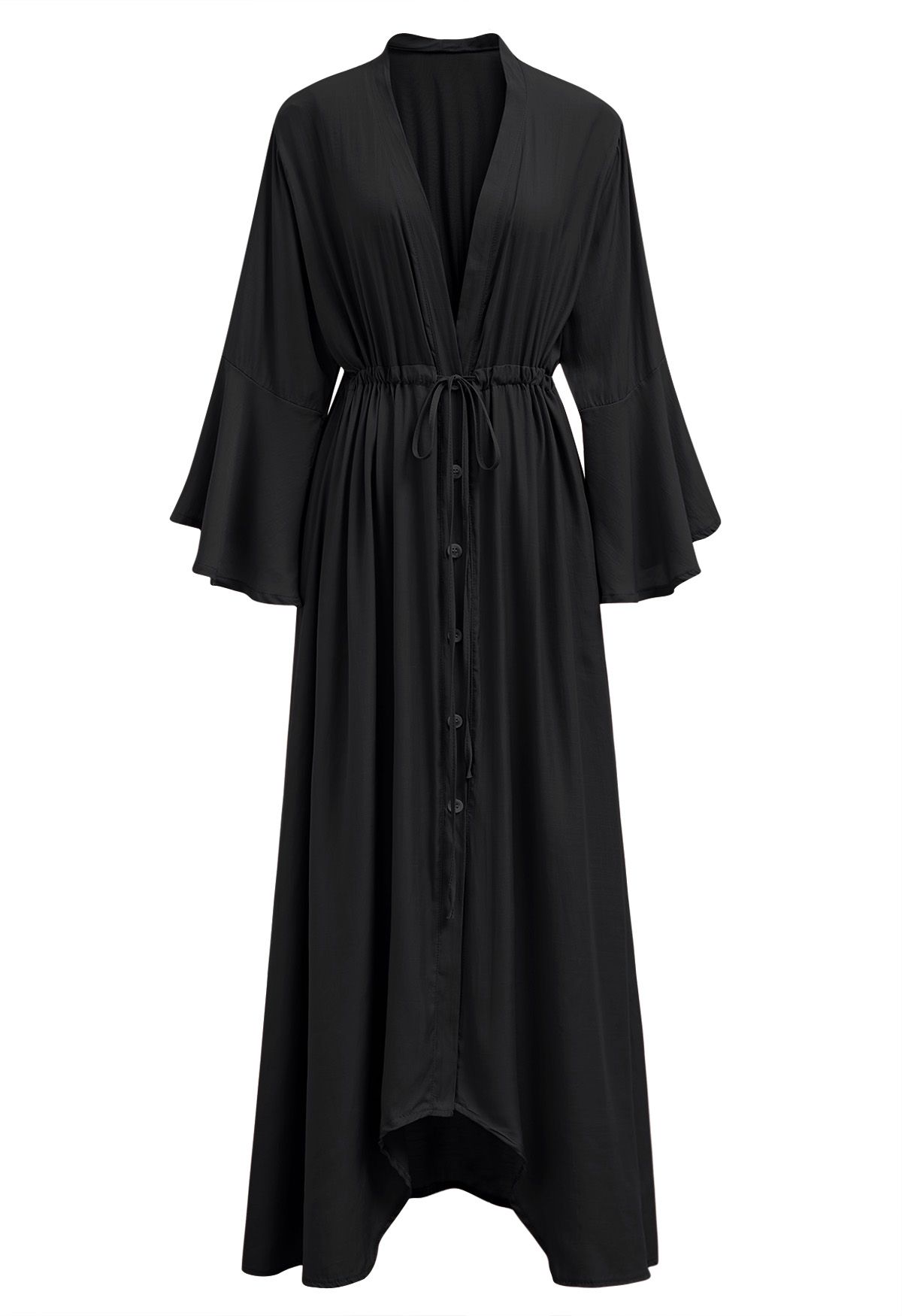 V-Neck Flounce Sleeves Button-Up Cover-Up in Black