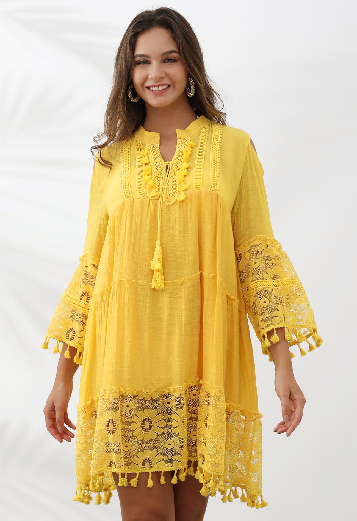 Cutwork Lace Tassel Trim Dolly Dress in Yellow