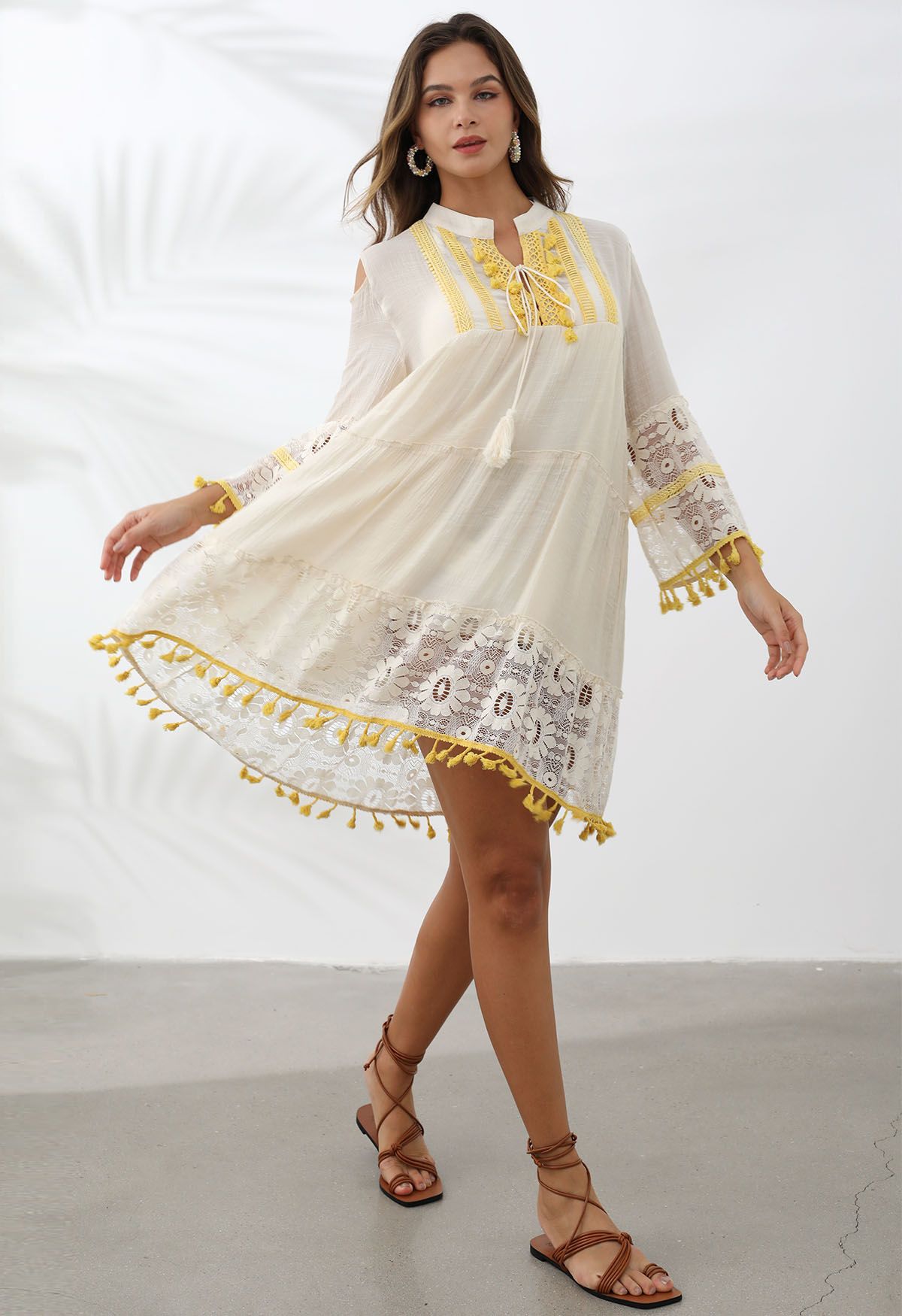 Cutwork Lace Tassel Trim Dolly Dress in Cream