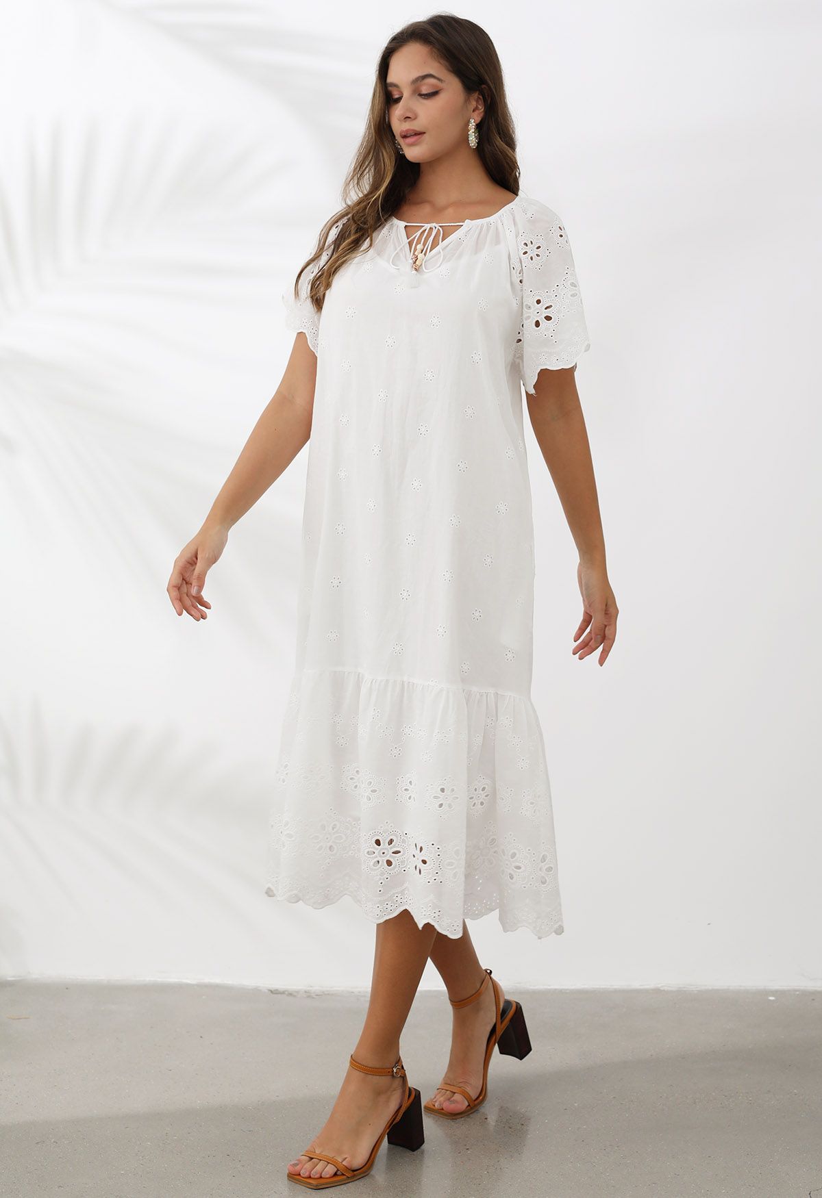 V-Neck Floral Embroidery Eyelet Dolly Dress in White