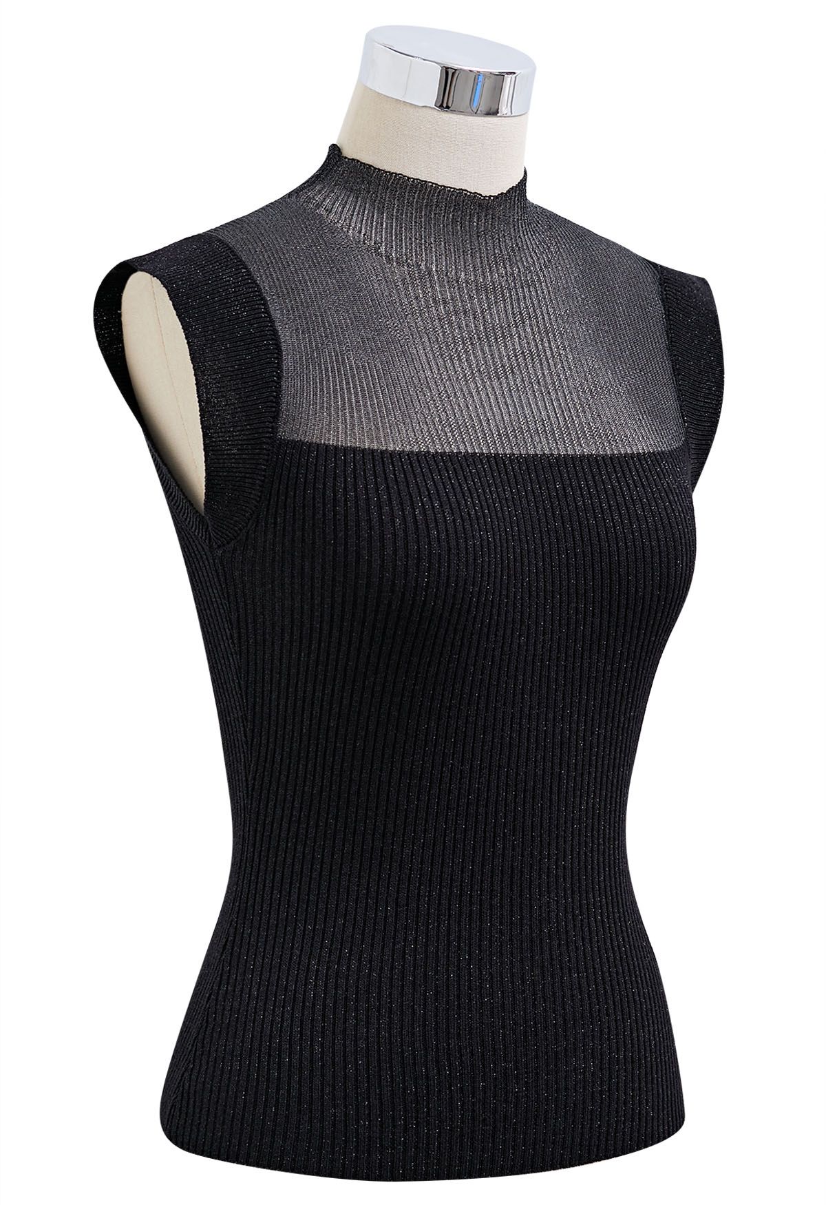 Cutout Mesh Mock Neck Metallic Knit Top in Black