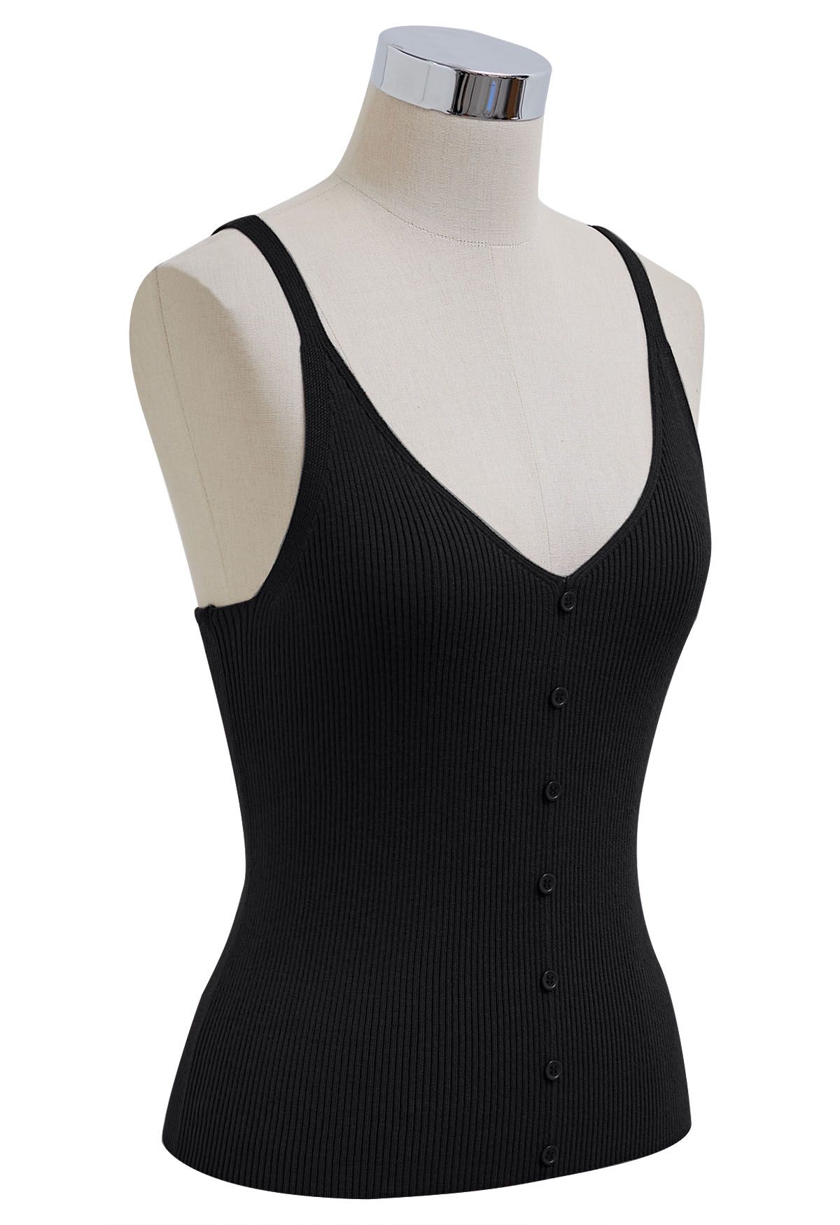 Button Decorated Ribbed Knit Tank Top in Black