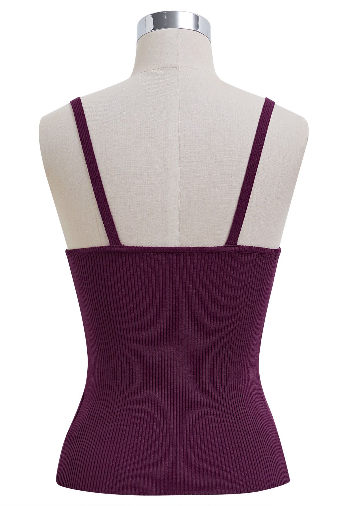 Button Decorated Ribbed Knit Tank Top in Purple