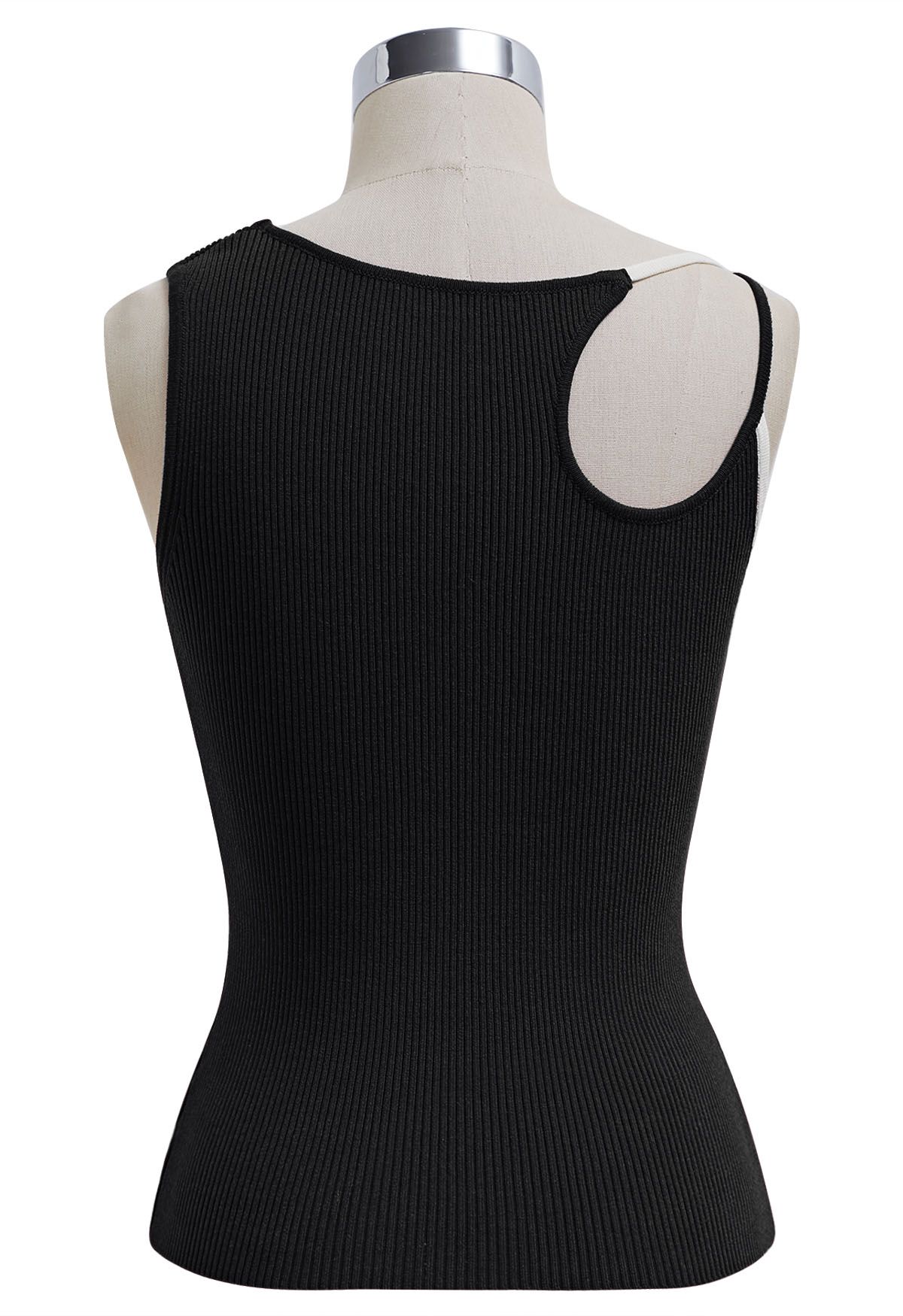 Contrast Asymmetric Straps Ribbed Knit Tank Top in Black