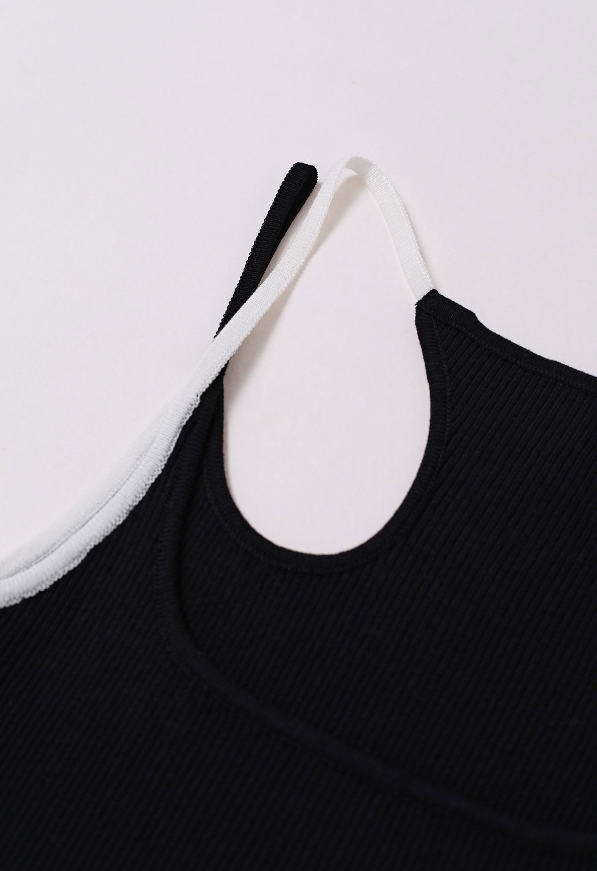 Contrast Asymmetric Straps Ribbed Knit Tank Top in Black