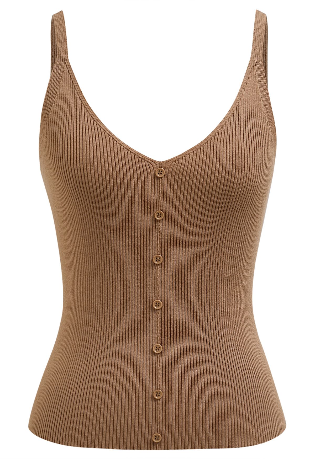 Button Decorated Ribbed Knit Tank Top in Tan