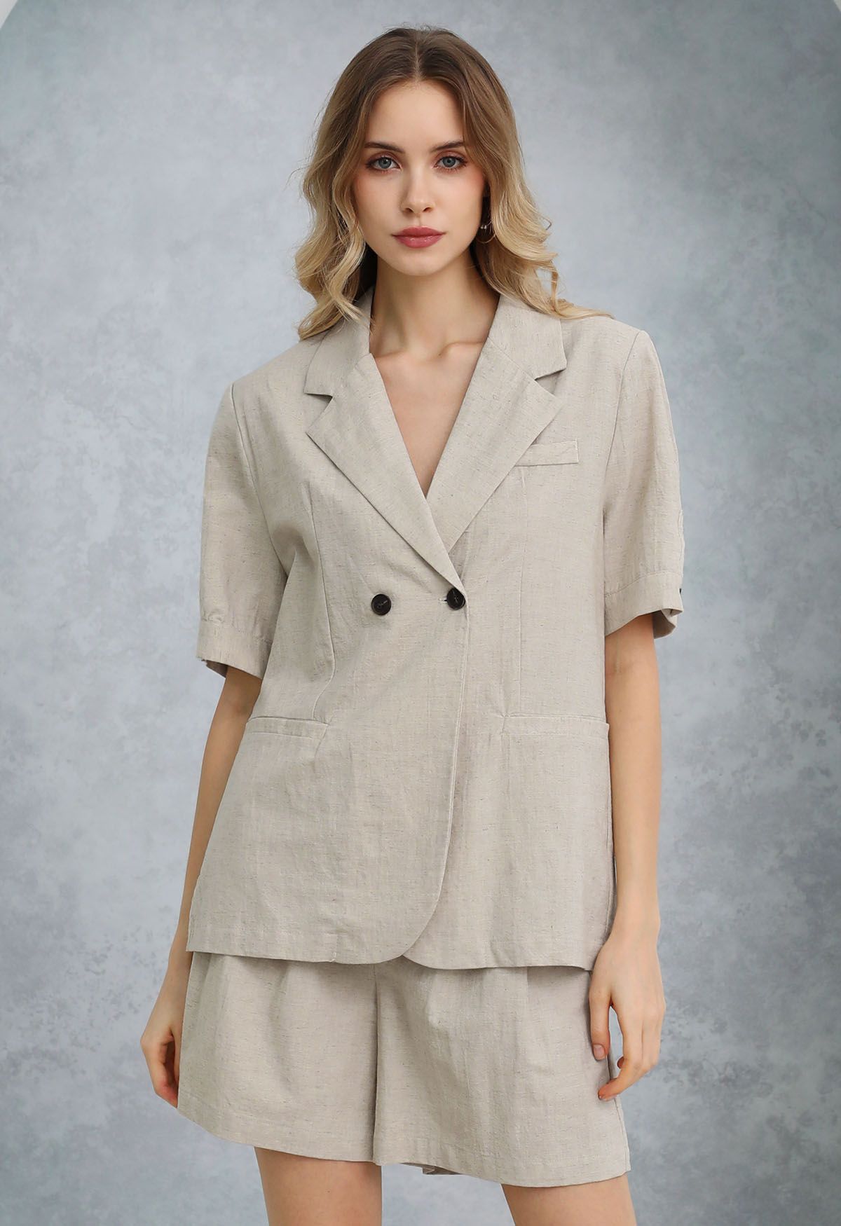 Notch Lapel Linen-Blend Blazer and Shorts Set