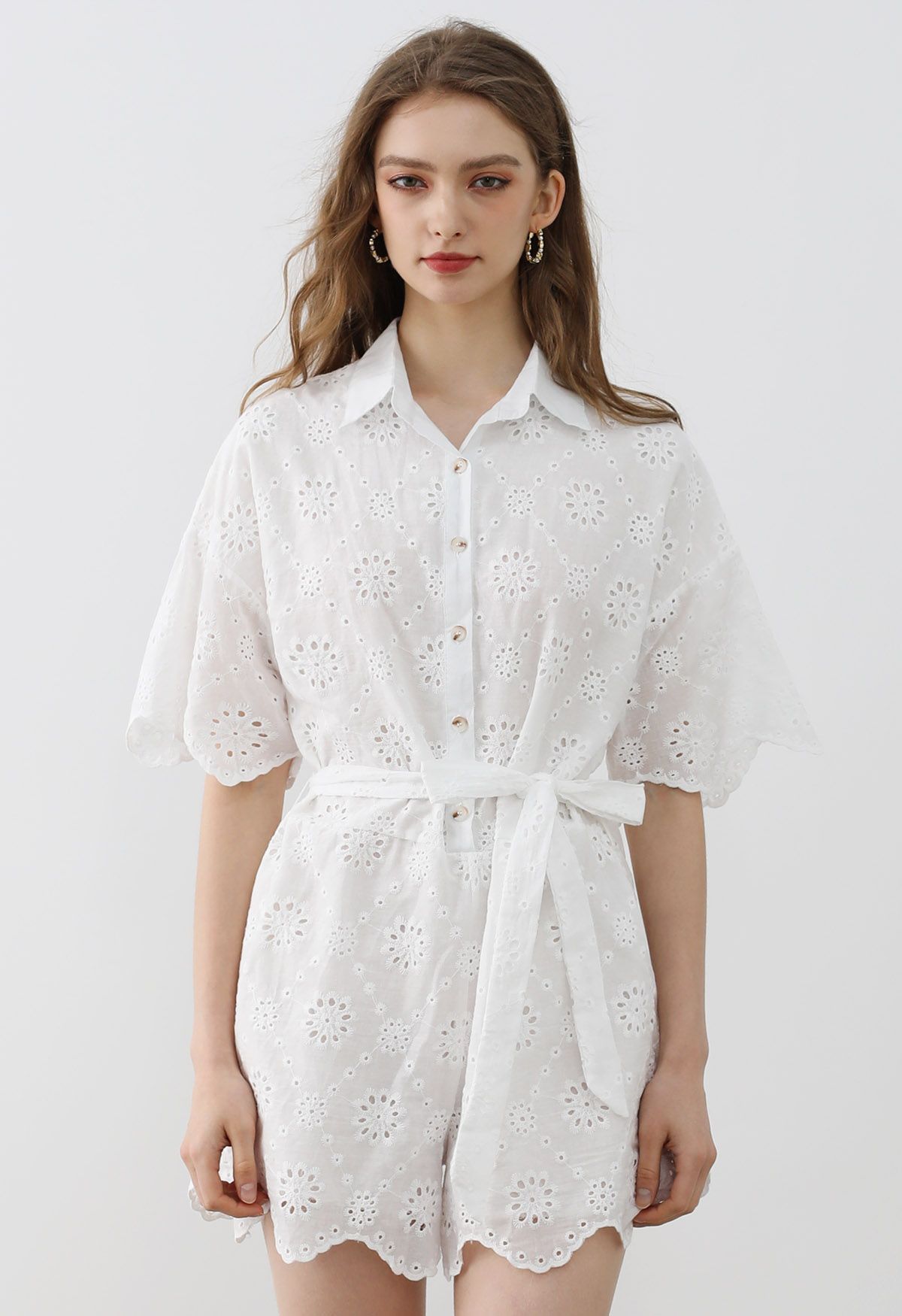 Floral Eyelet Embroidery Scalloped Edge Playsuit