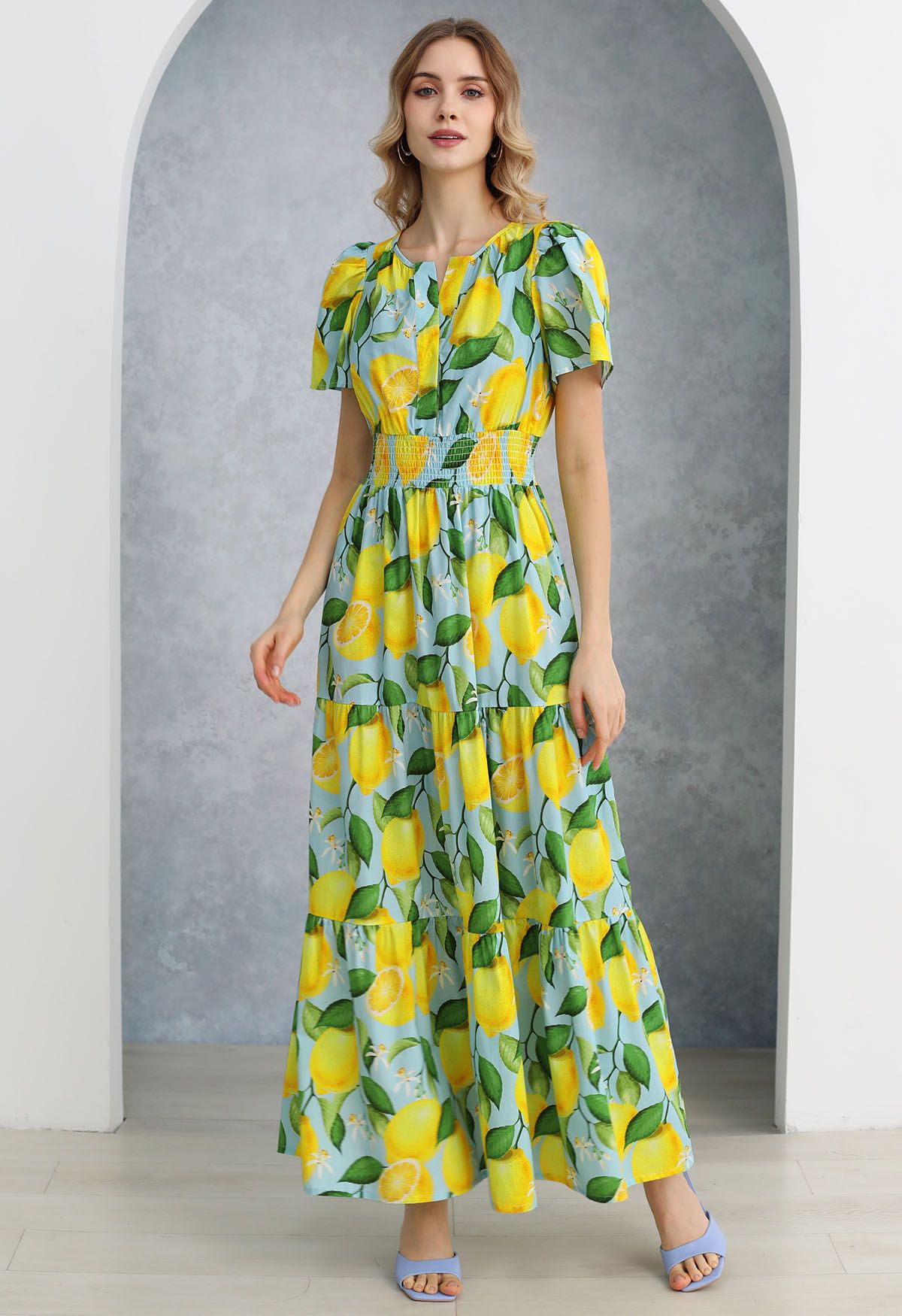 Zesty Yellow Lemon Printed Maxi Dress