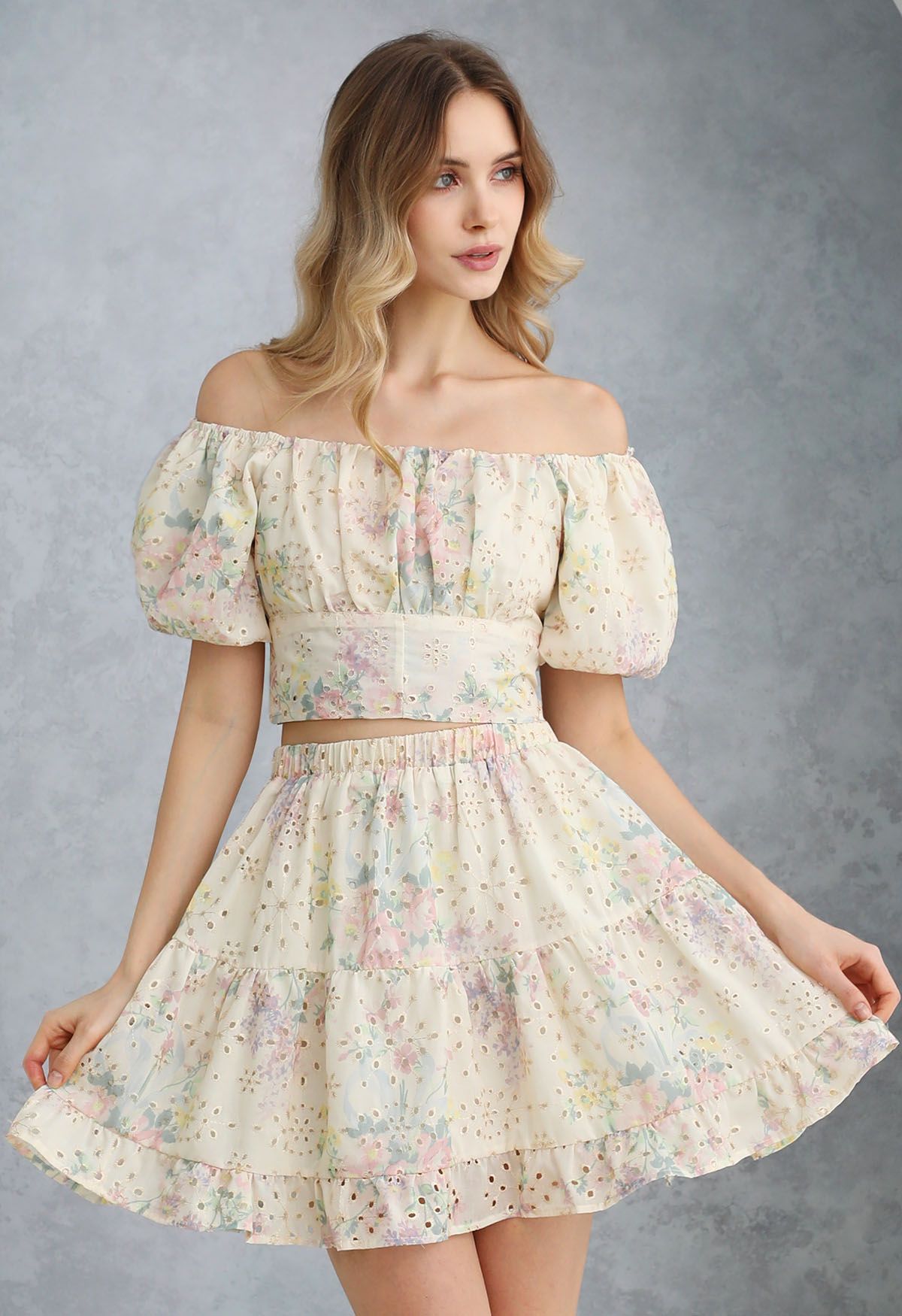 Metallic Embroidered Floral Print Off-Shoulder Top and Skirt Set