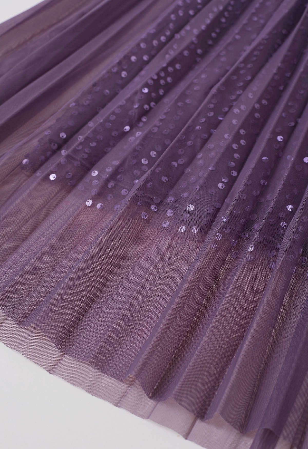 Glister Sequin Trim Mesh Tulle Maxi Skirt in Purple